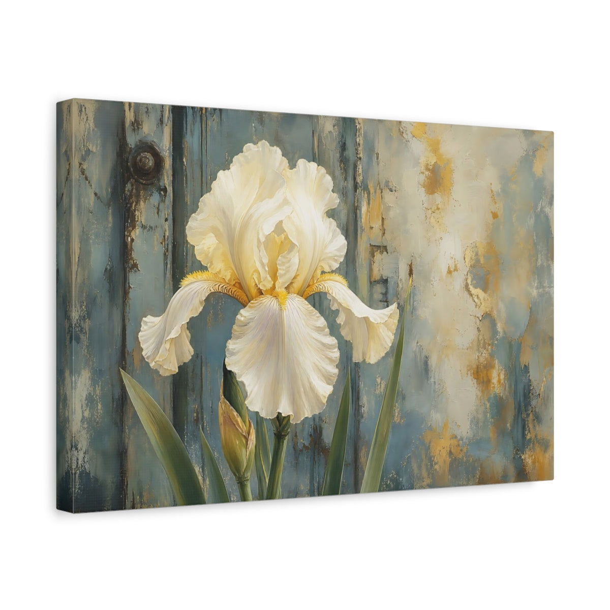 Side Mockup 4. Floral White Iris White Iris Blue Gold shown as stretched canvas wall art
