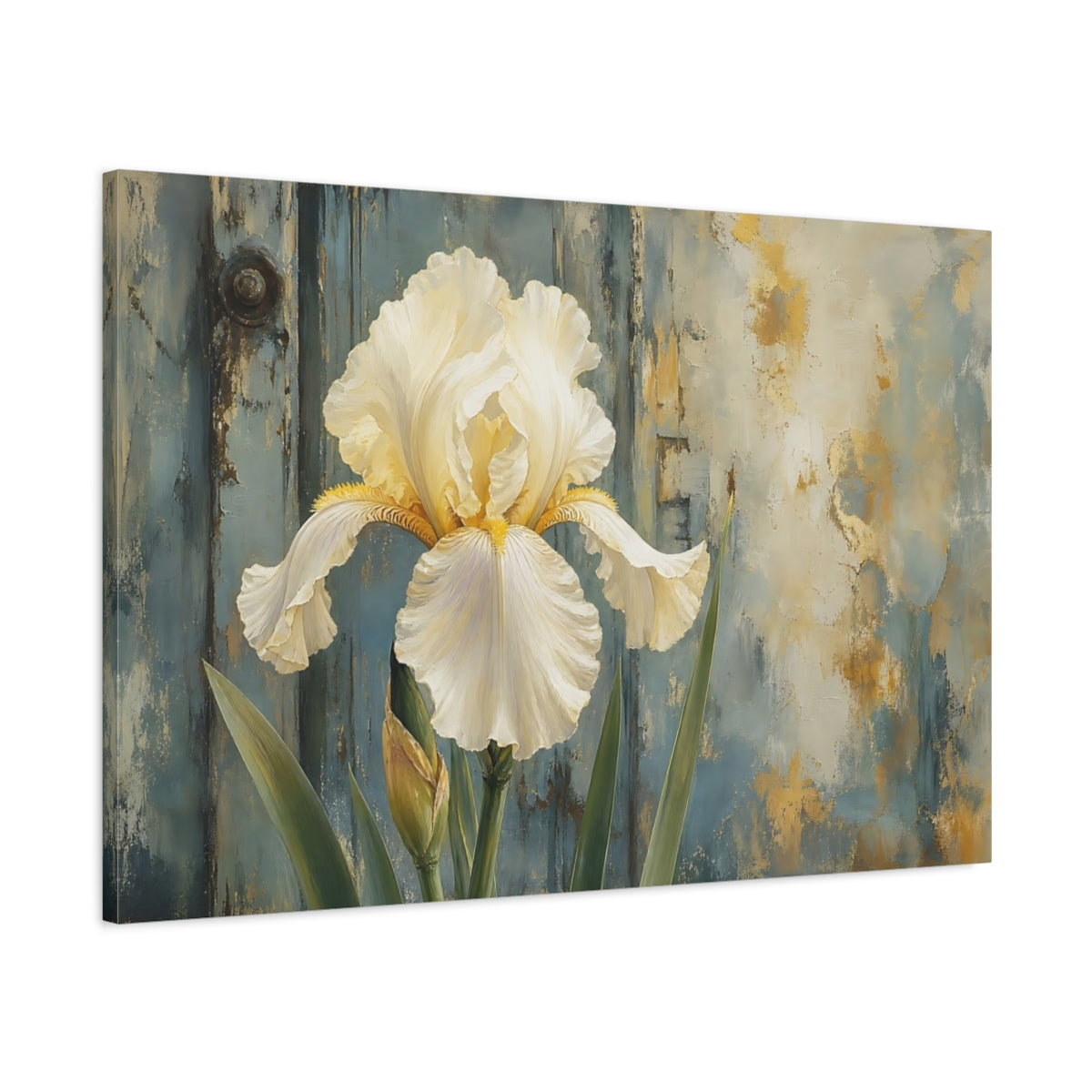 Main Mockup. Floral White Iris White Iris Blue Gold shown as stretched canvas wall art