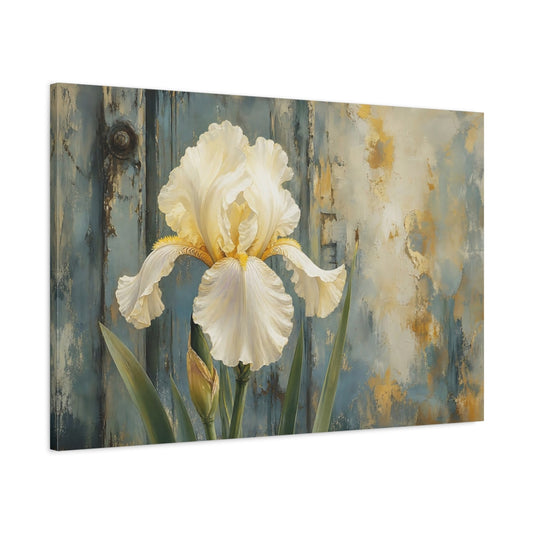 Main Mockup. Floral White Iris White Iris Blue Gold shown as stretched canvas wall art