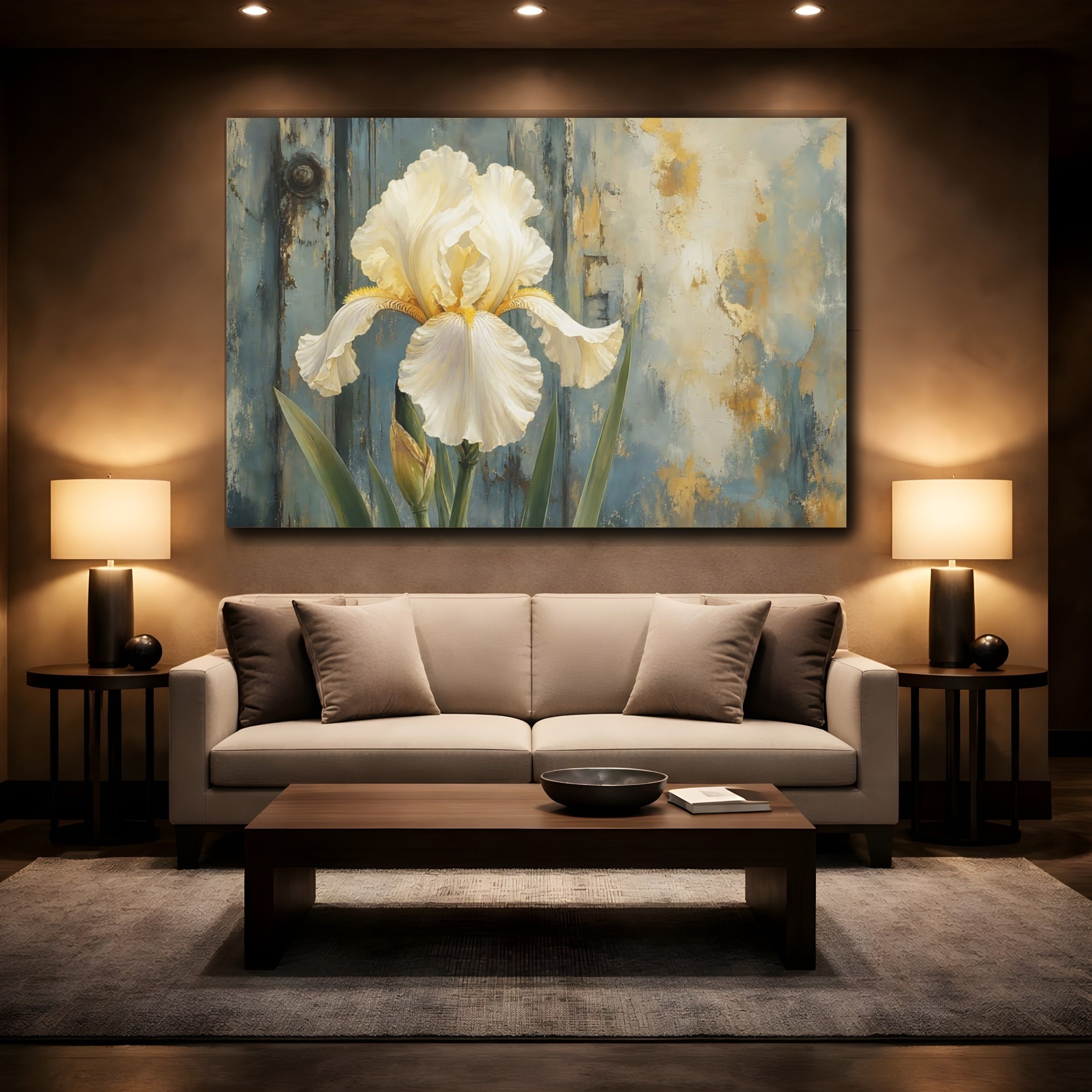 Mockup 2. Floral White Iris White Iris Blue Gold shown as stretched canvas wall art