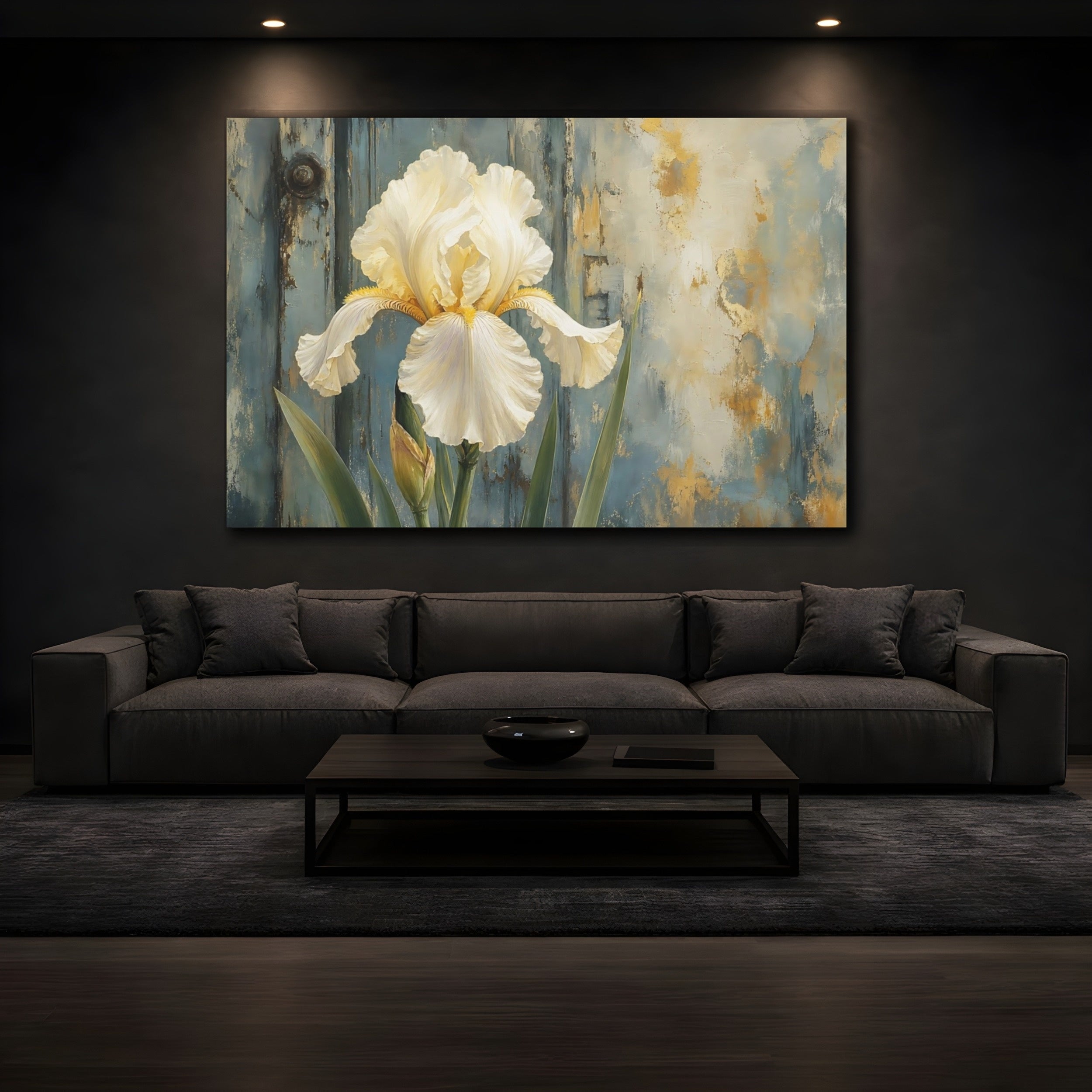 Mockup 3. Floral White Iris White Iris Blue Gold shown as stretched canvas wall art