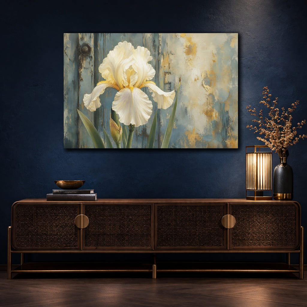 Mockup 4. Floral White Iris White Iris Blue Gold shown as stretched canvas wall art