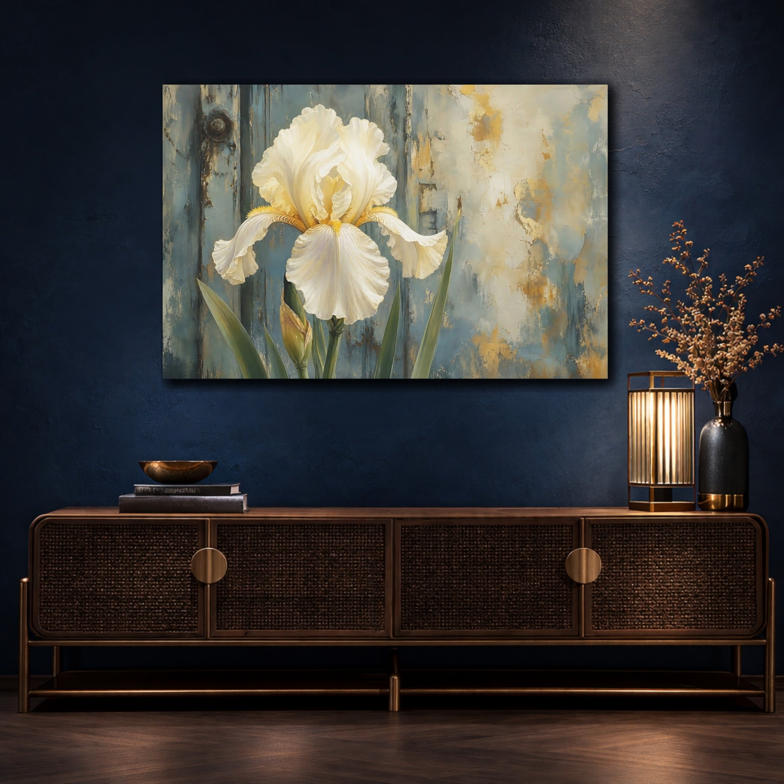 Mockup 4. Floral White Iris White Iris Blue Gold shown as stretched canvas wall art