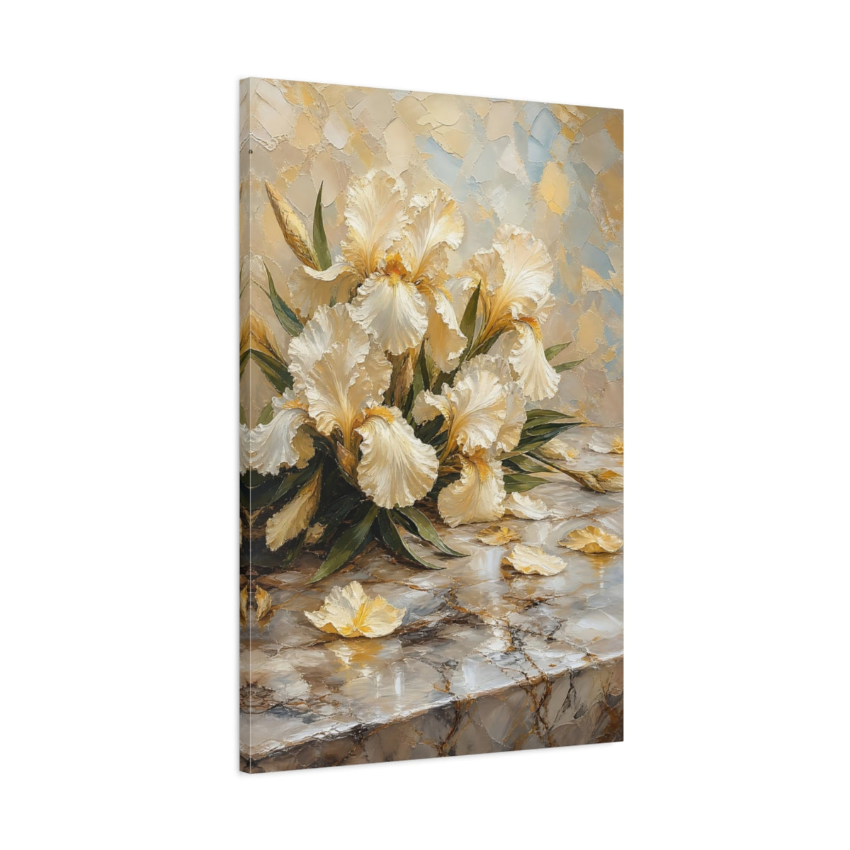 Main Mockup. Floral White Irises Cream And Gold shown as stretched canvas wall art