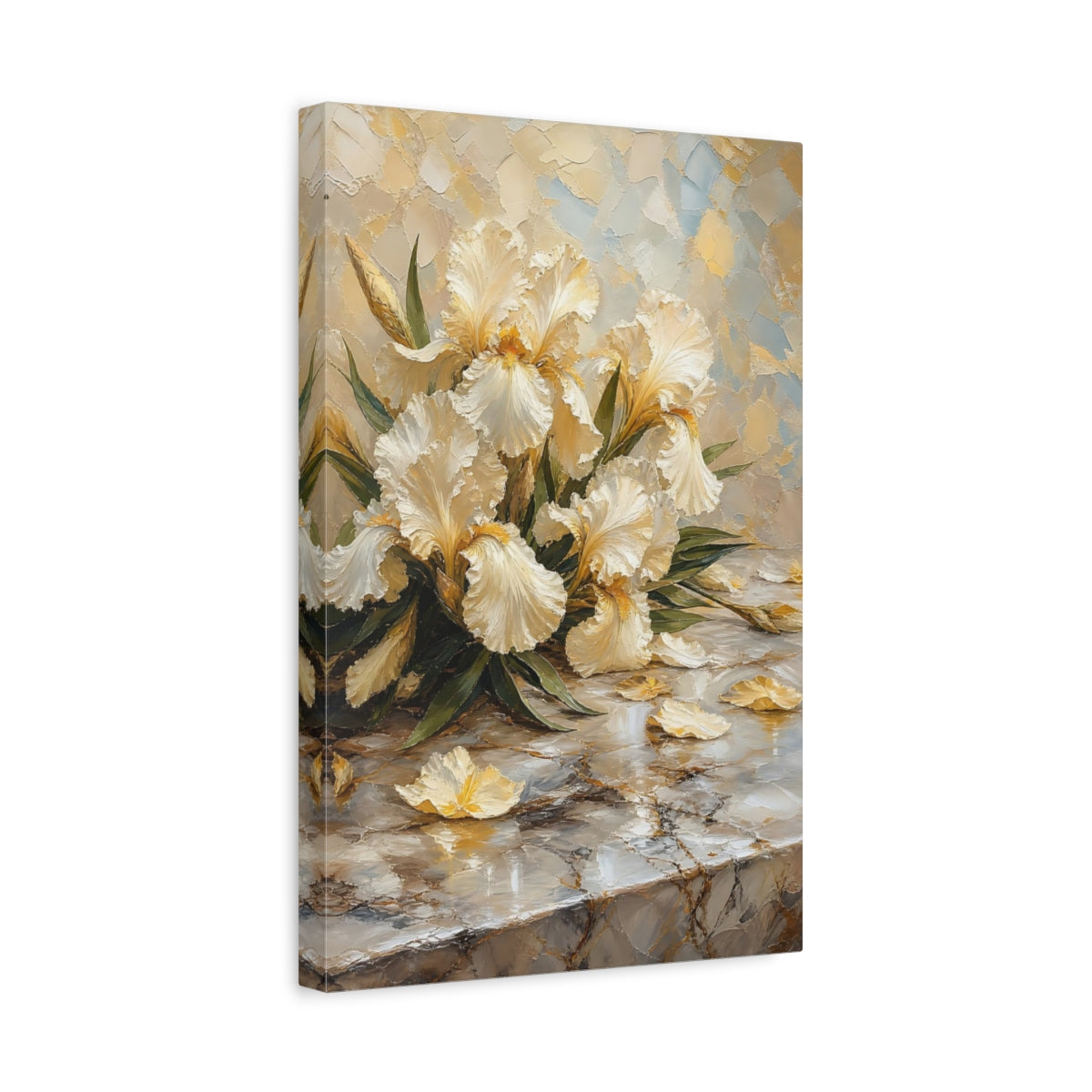Side Mockup 4. Floral White Irises Cream And Gold shown as stretched canvas wall art