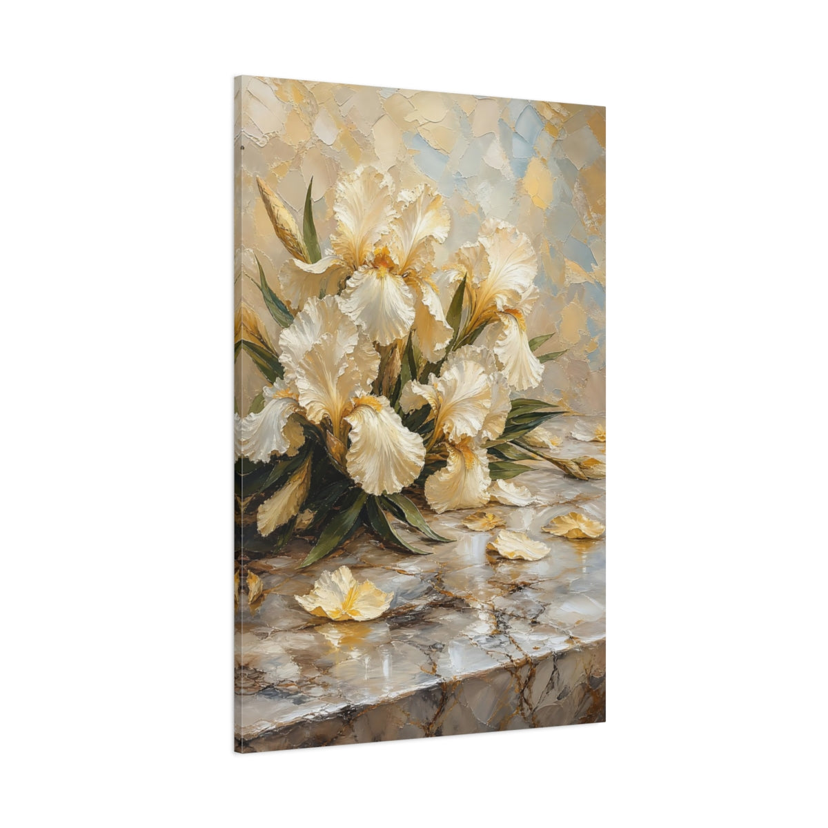 Side Mockup 1. Floral White Irises Cream And Gold shown as stretched canvas wall art