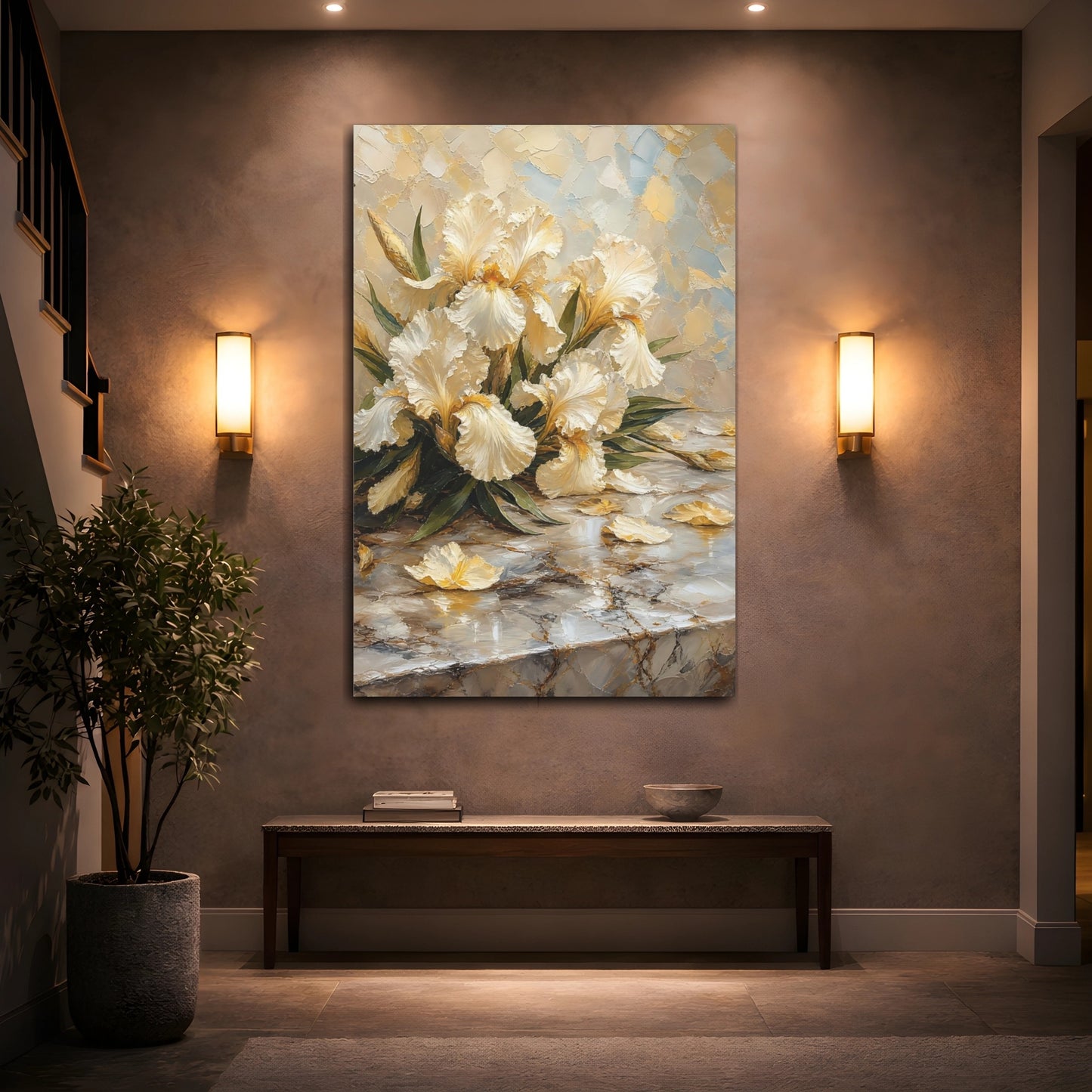 Mockup 2. Floral White Irises Cream And Gold shown as stretched canvas wall art