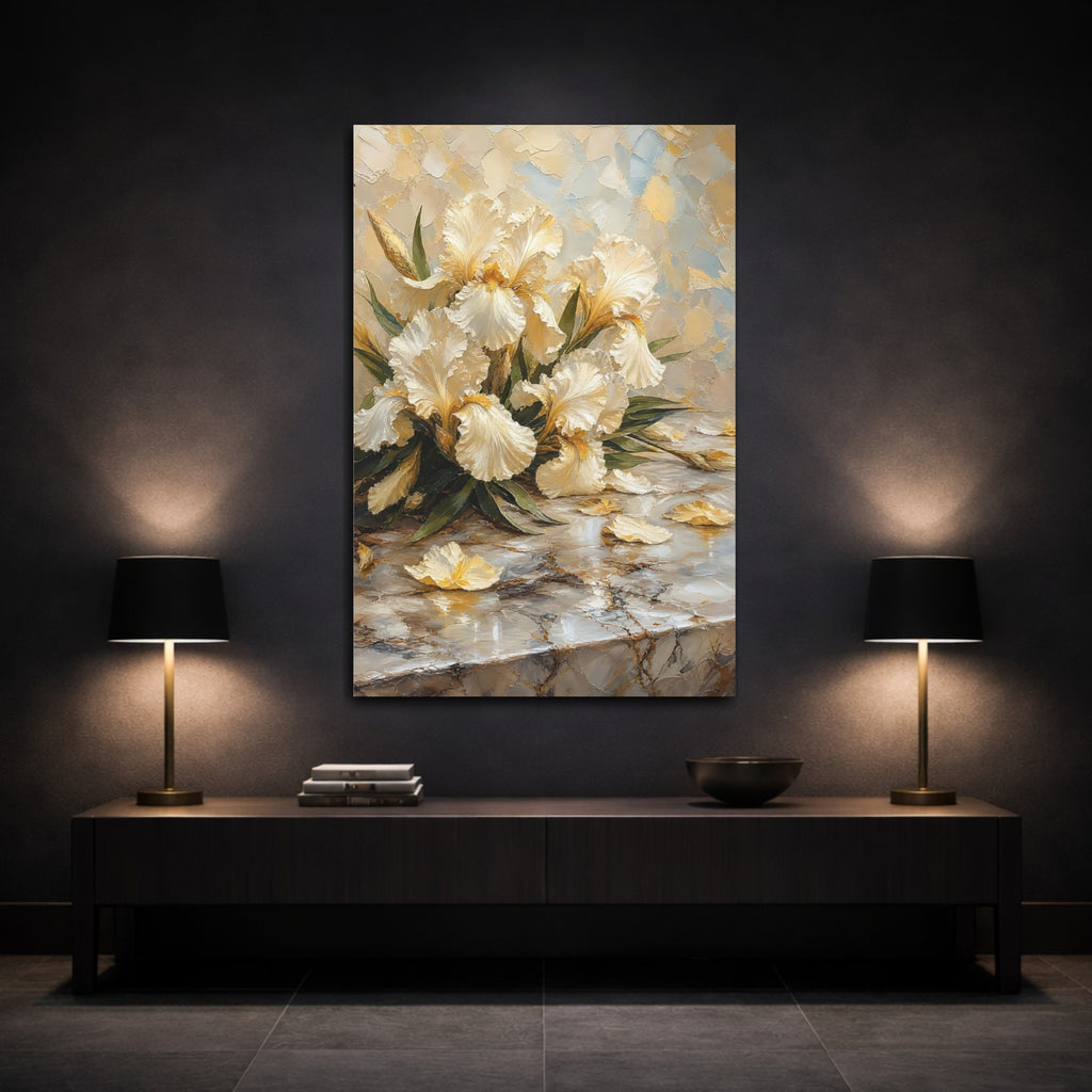 Mockup 3. Floral White Irises Cream And Gold shown as stretched canvas wall art