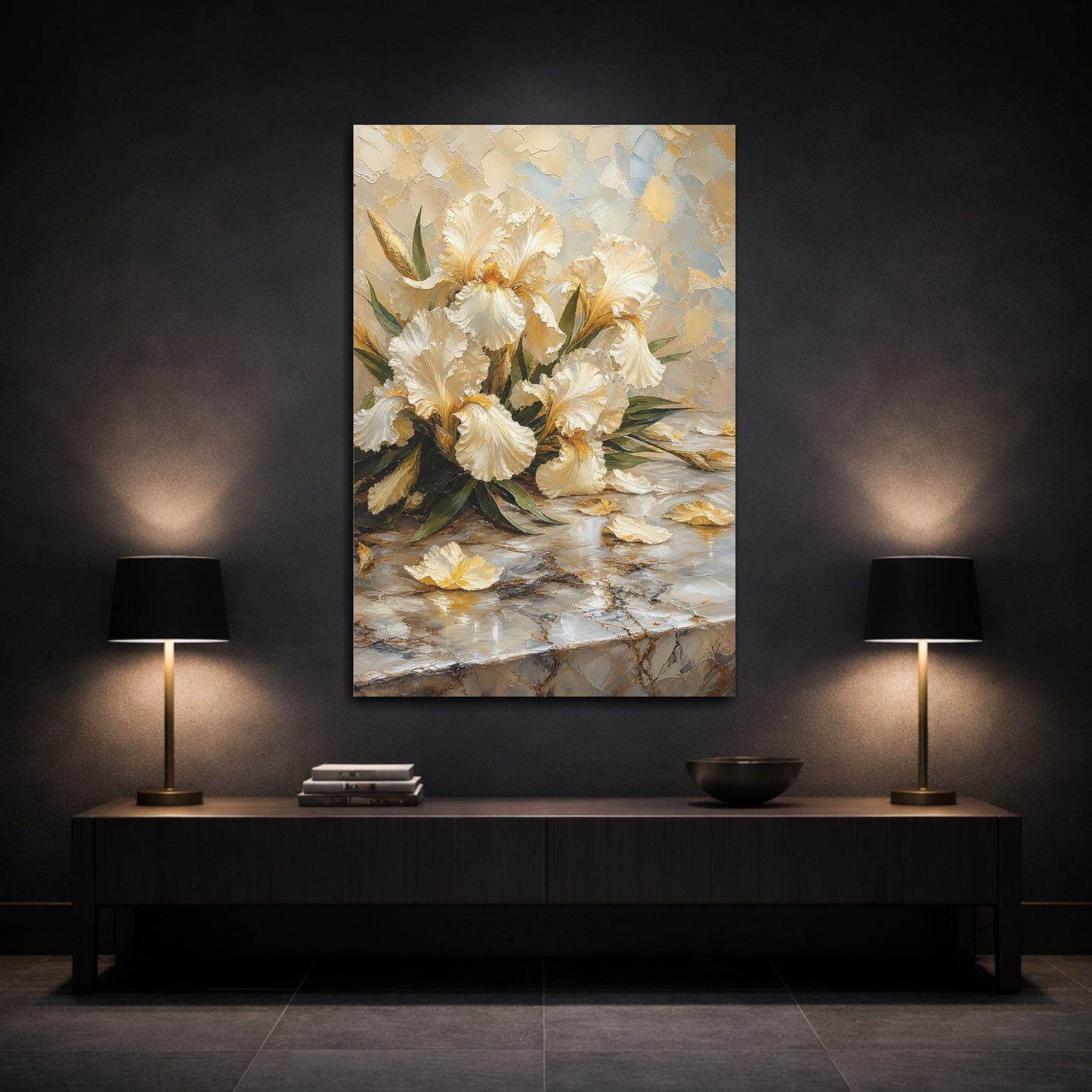 Mockup 3. Floral White Irises Cream And Gold shown as stretched canvas wall art