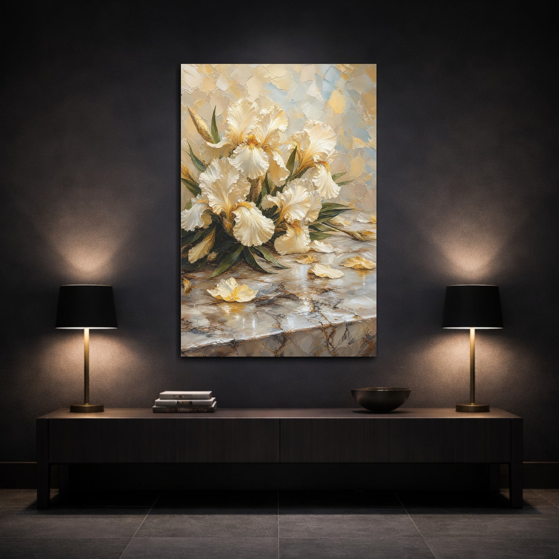 Mockup 3. Floral White Irises Cream And Gold shown as stretched canvas wall art