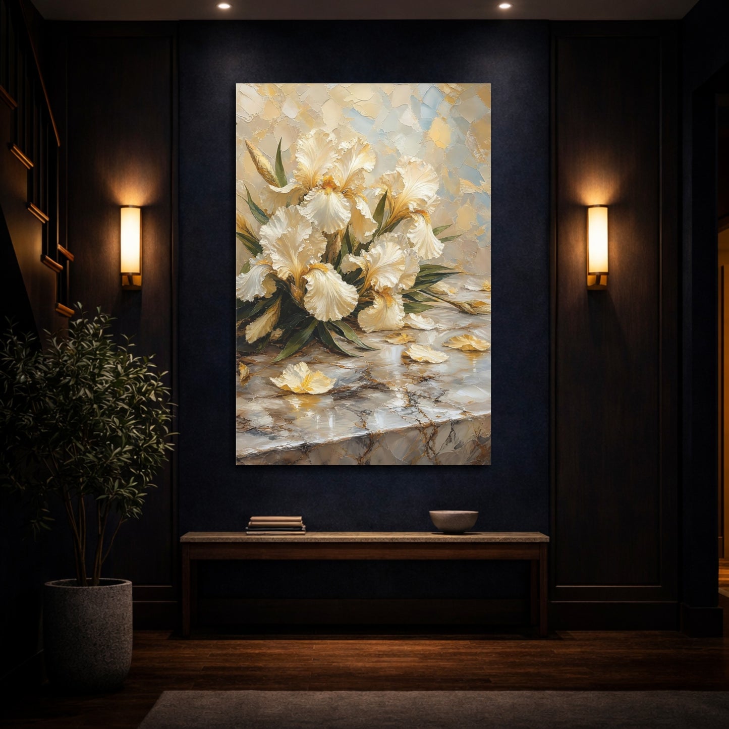 Mockup 4. Floral White Irises Cream And Gold shown as stretched canvas wall art