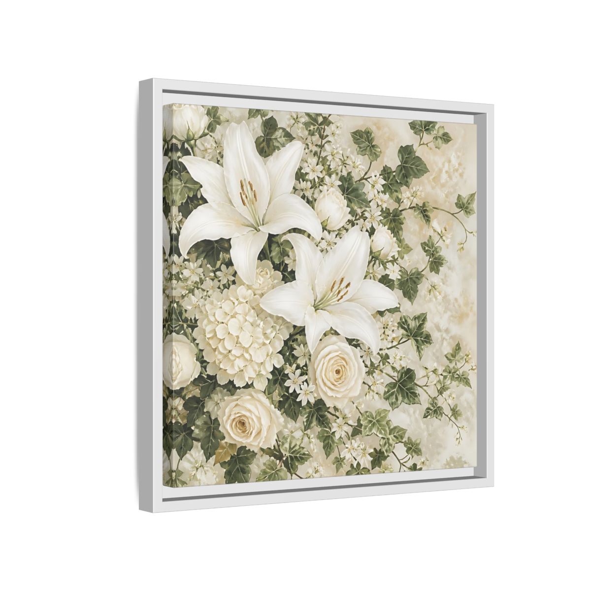 Side Mockup 13. Floral White Lilies White And Green Floral shown as stretched canvas wall art