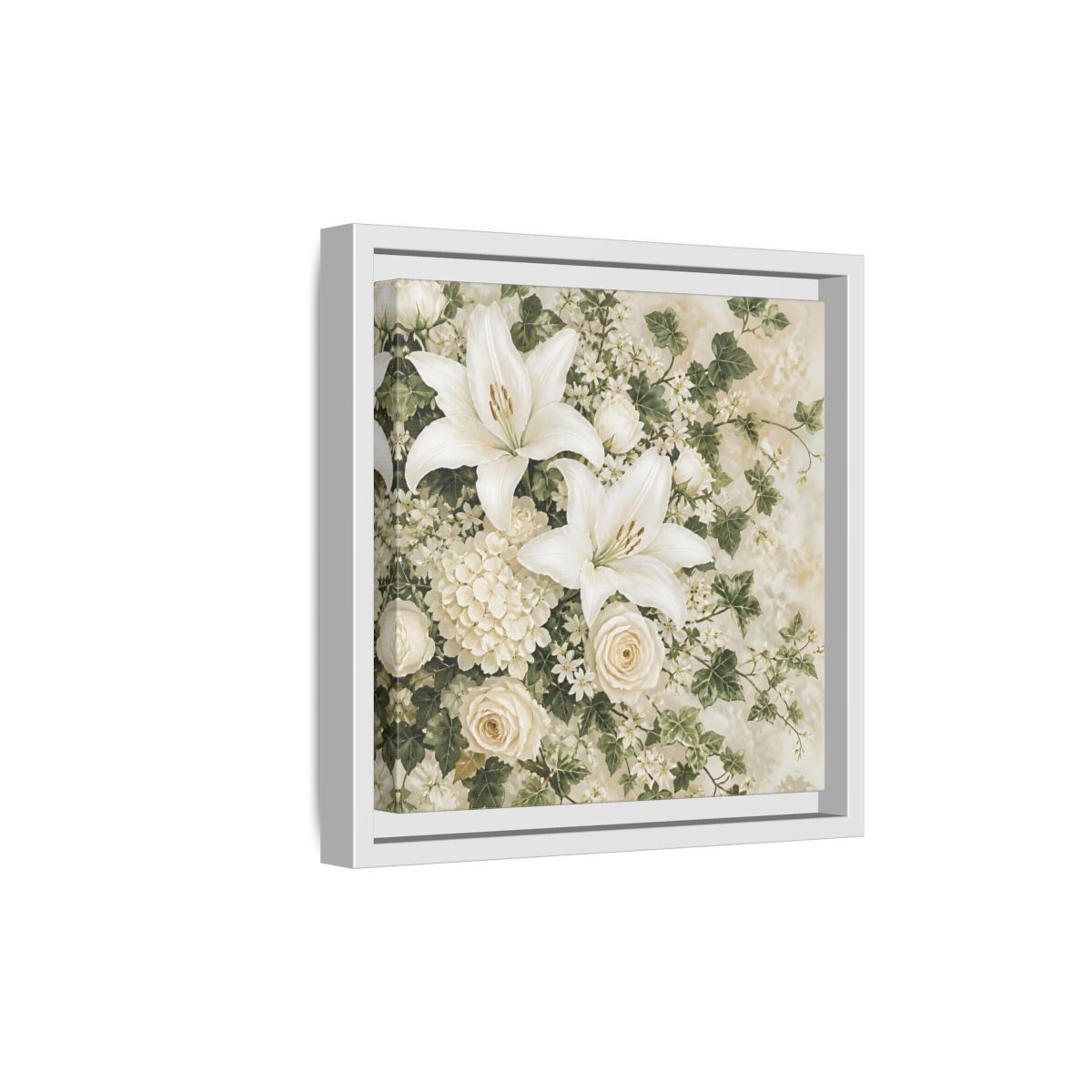 Side Mockup 19. Floral White Lilies White And Green Floral shown as stretched canvas wall art