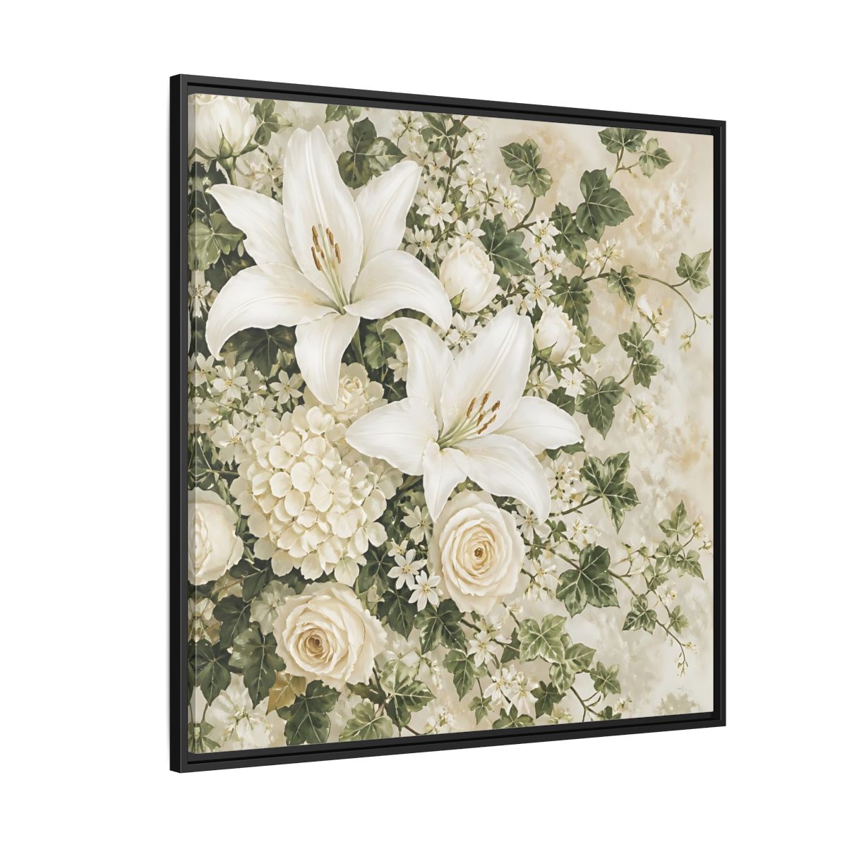Side Mockup 6. Floral White Lilies White And Green Floral shown as stretched canvas wall art