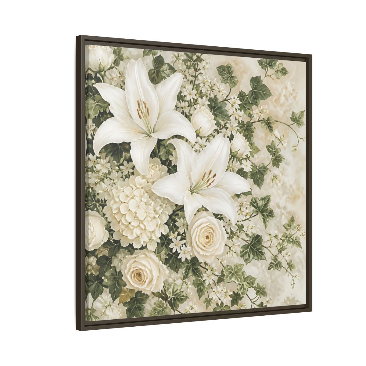 Side Mockup 8. Floral White Lilies White And Green Floral shown as stretched canvas wall art