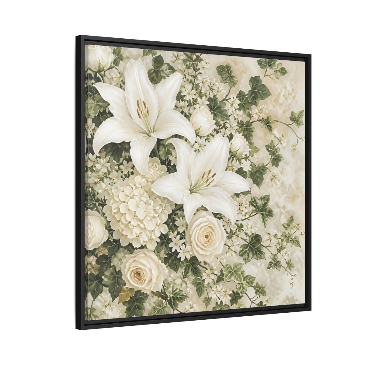 Side Mockup 9. Floral White Lilies White And Green Floral shown as stretched canvas wall art
