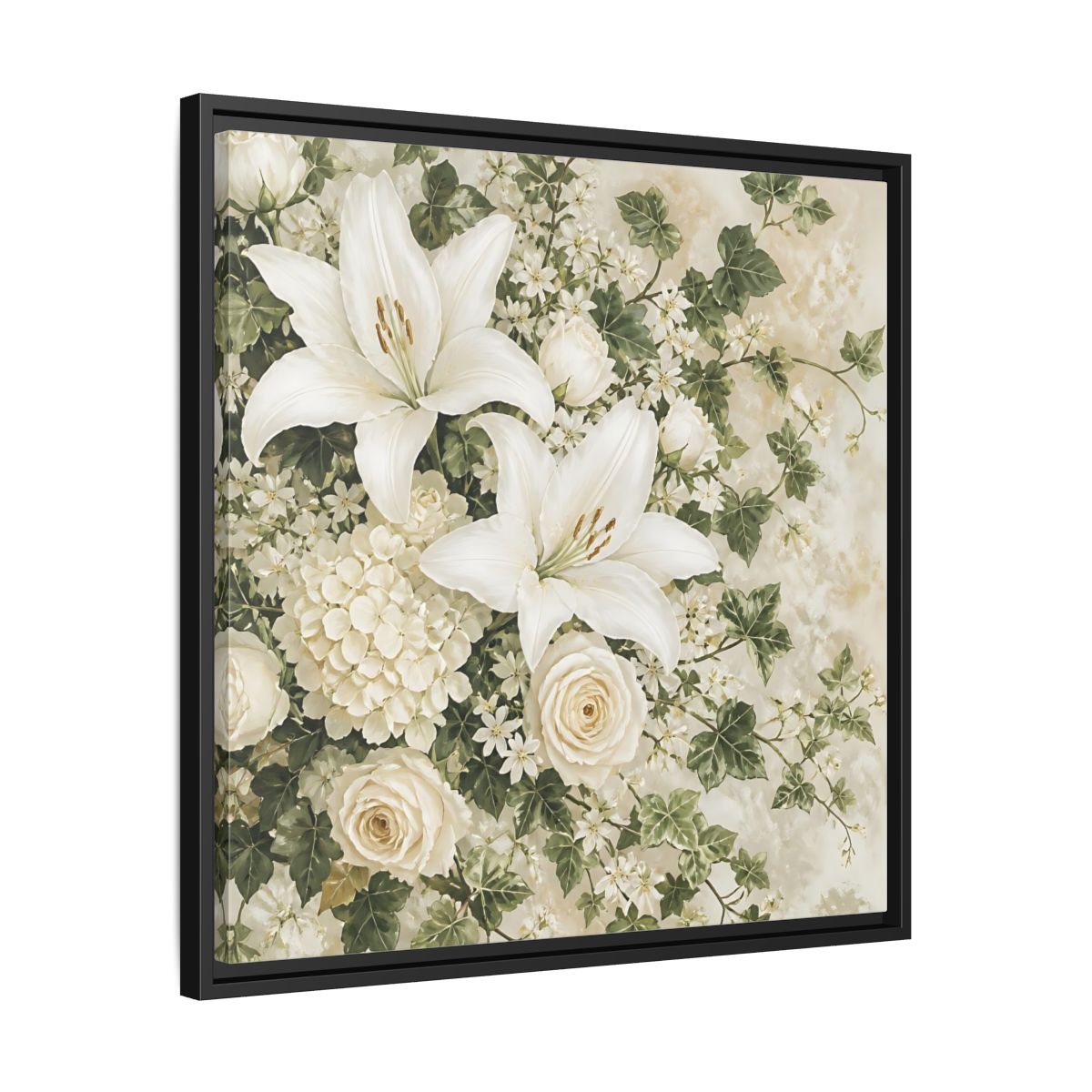 Side Mockup 31. Floral White Lilies White And Green Floral shown as stretched canvas wall art