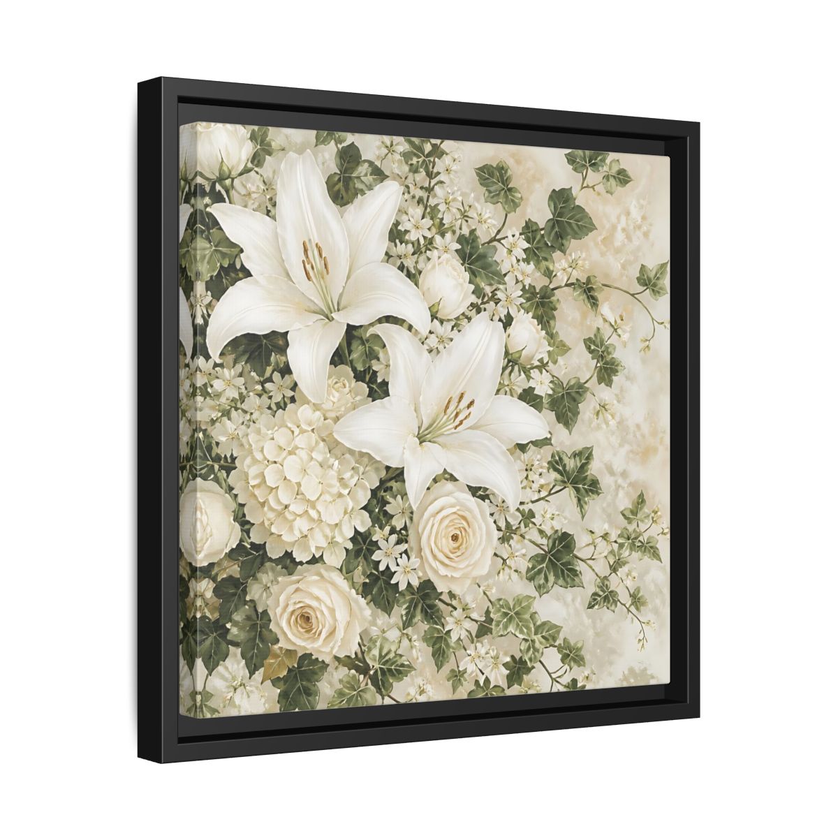Side Mockup 32. Floral White Lilies White And Green Floral shown as stretched canvas wall art
