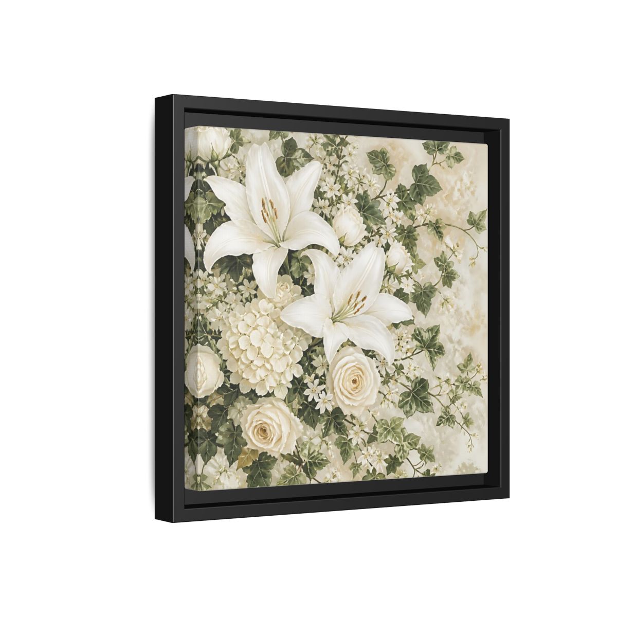 Side Mockup 18. Floral White Lilies White And Green Floral shown as stretched canvas wall art