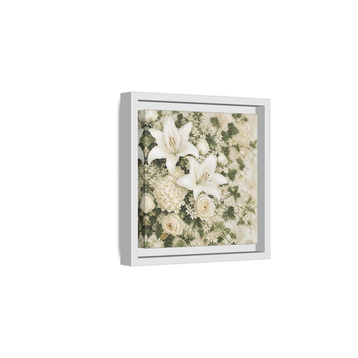 Side Mockup 1. Floral White Lilies White And Green Floral shown as stretched canvas wall art