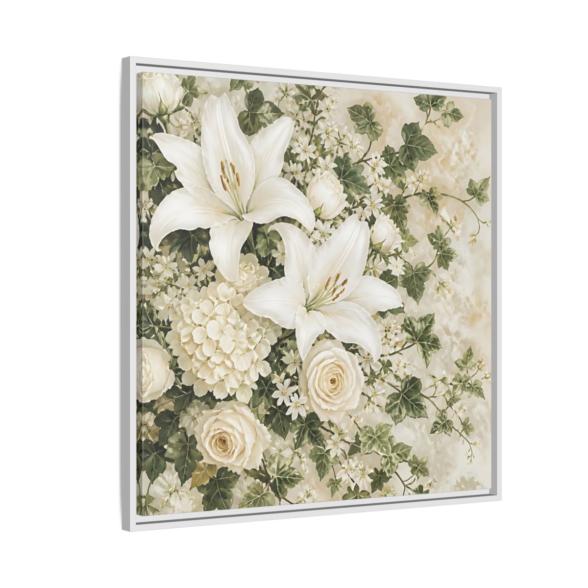 Side Mockup 7. Floral White Lilies White And Green Floral shown as stretched canvas wall art