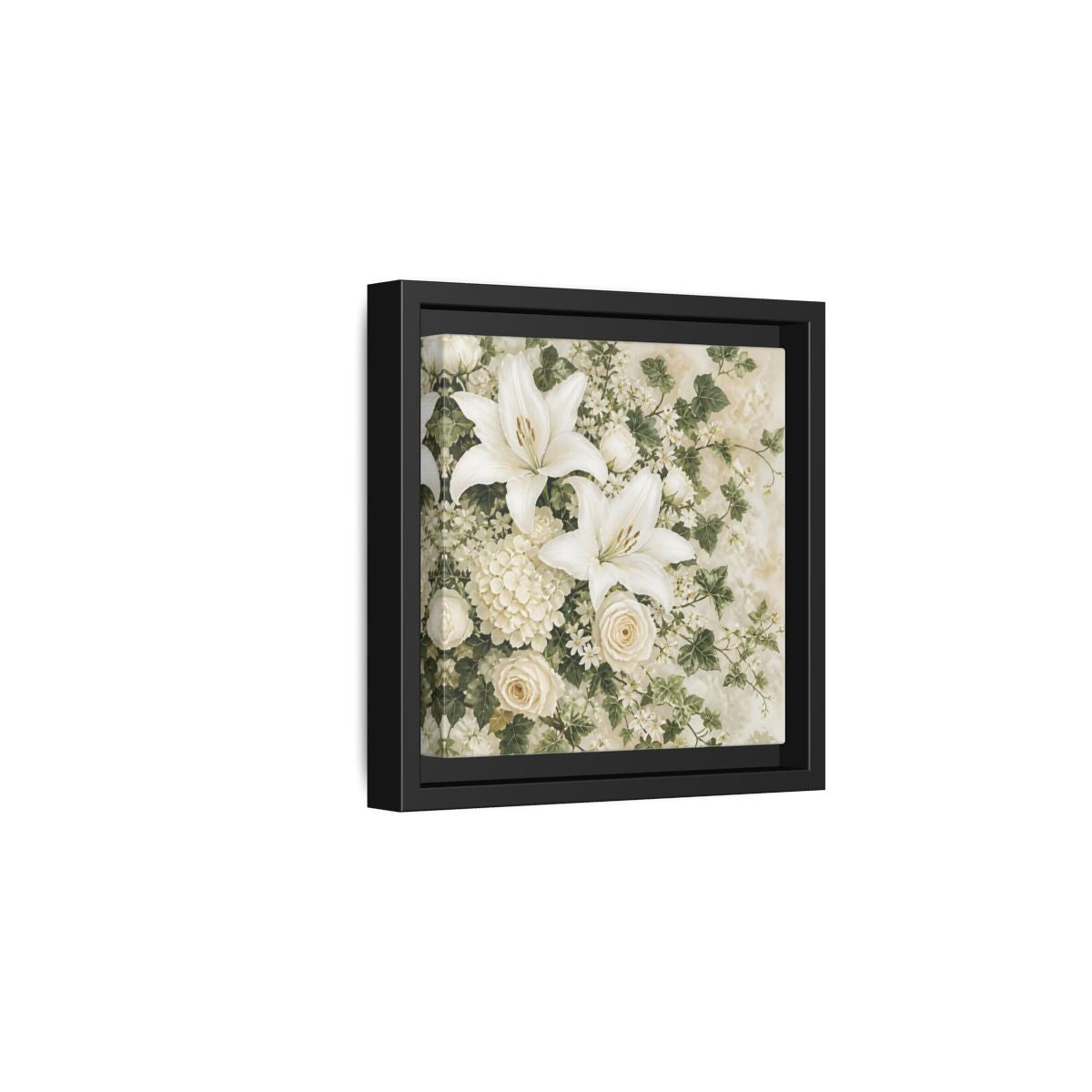 Side Mockup 3. Floral White Lilies White And Green Floral shown as stretched canvas wall art