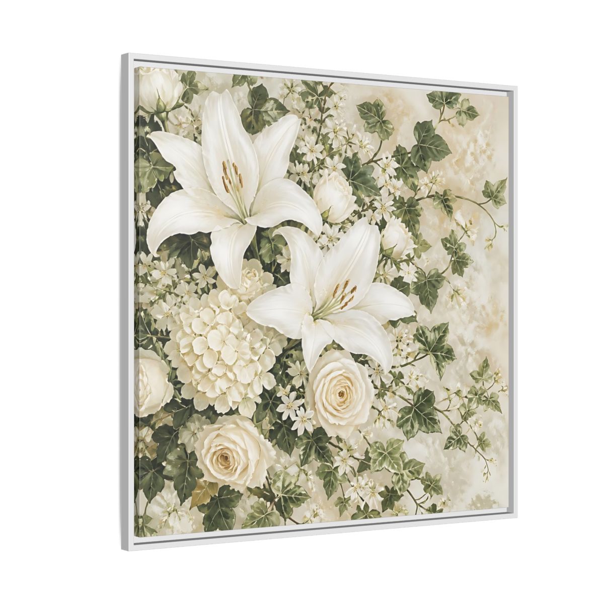 Side Mockup 4. Floral White Lilies White And Green Floral shown as stretched canvas wall art