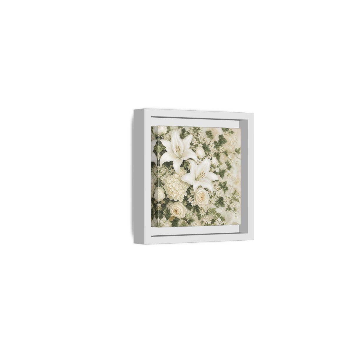 Side Mockup 22. Floral White Lilies White And Green Floral shown as stretched canvas wall art