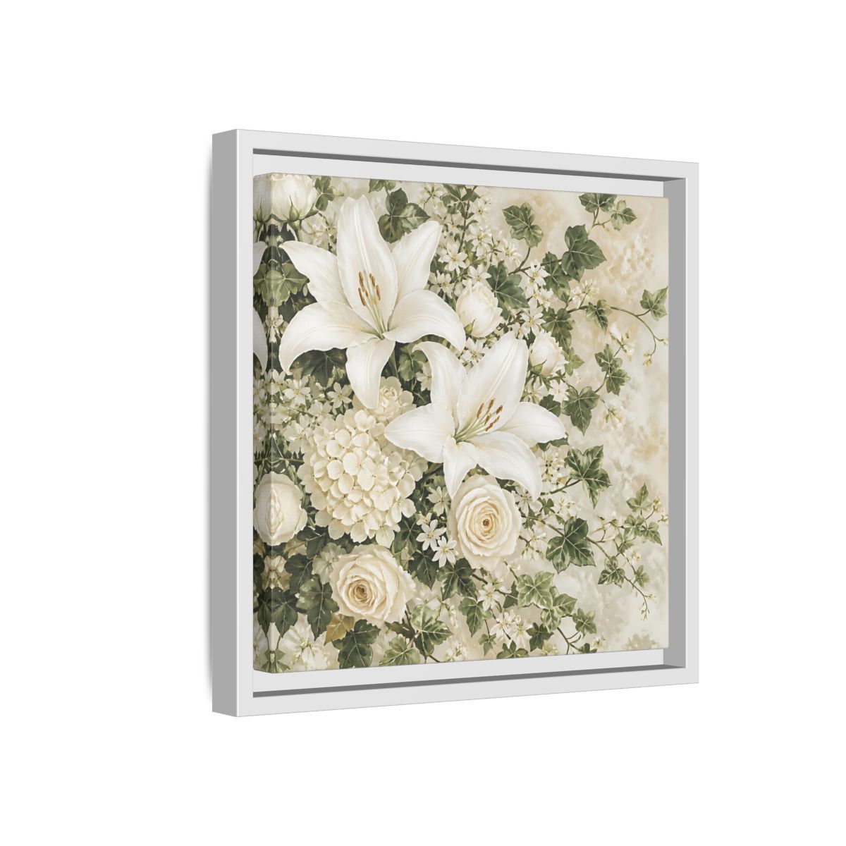 Side Mockup 16. Floral White Lilies White And Green Floral shown as stretched canvas wall art