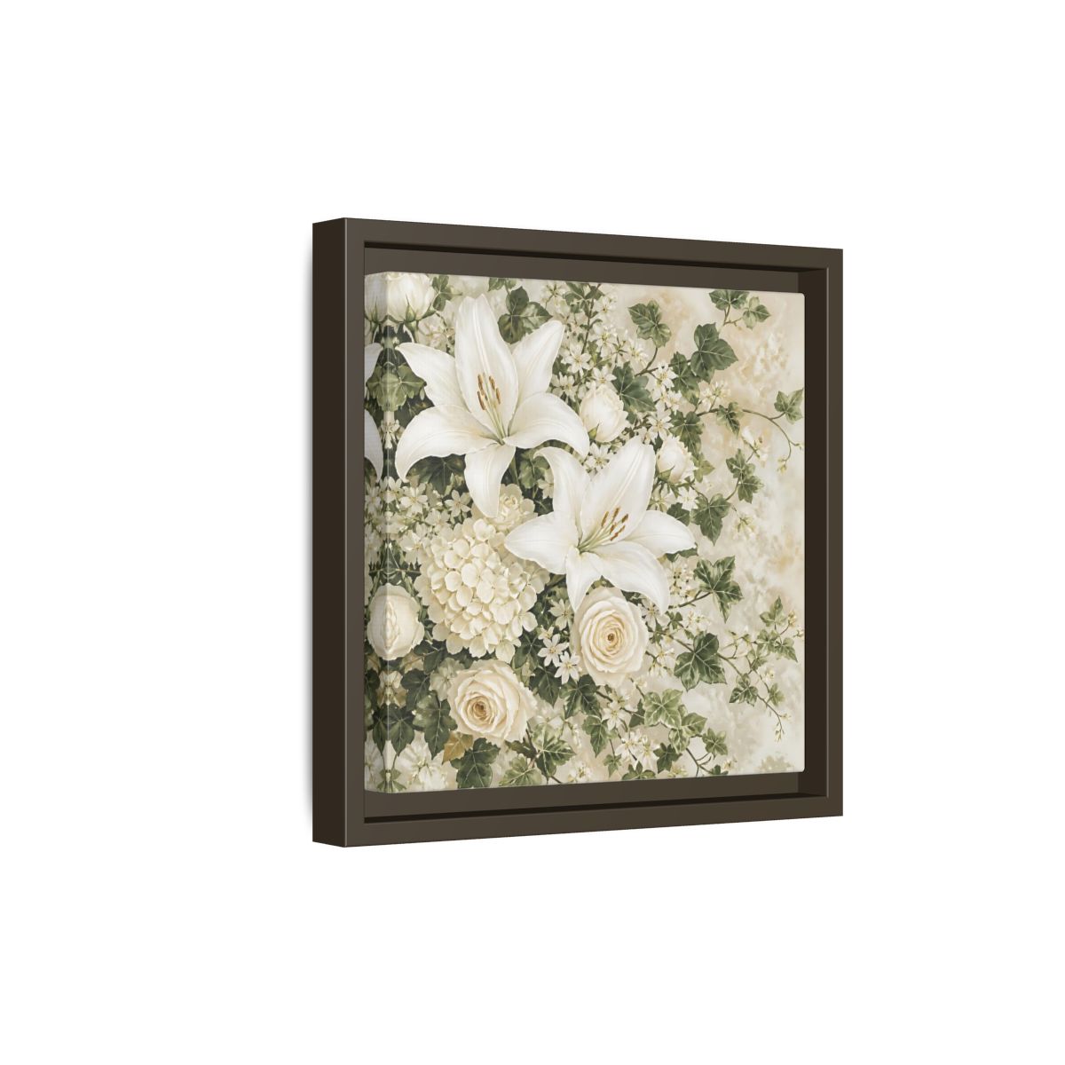 Side Mockup 20. Floral White Lilies White And Green Floral shown as stretched canvas wall art