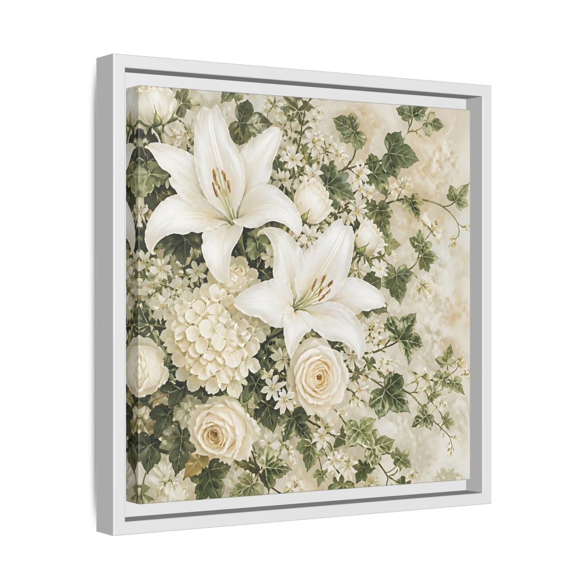 Side Mockup 28. Floral White Lilies White And Green Floral shown as stretched canvas wall art