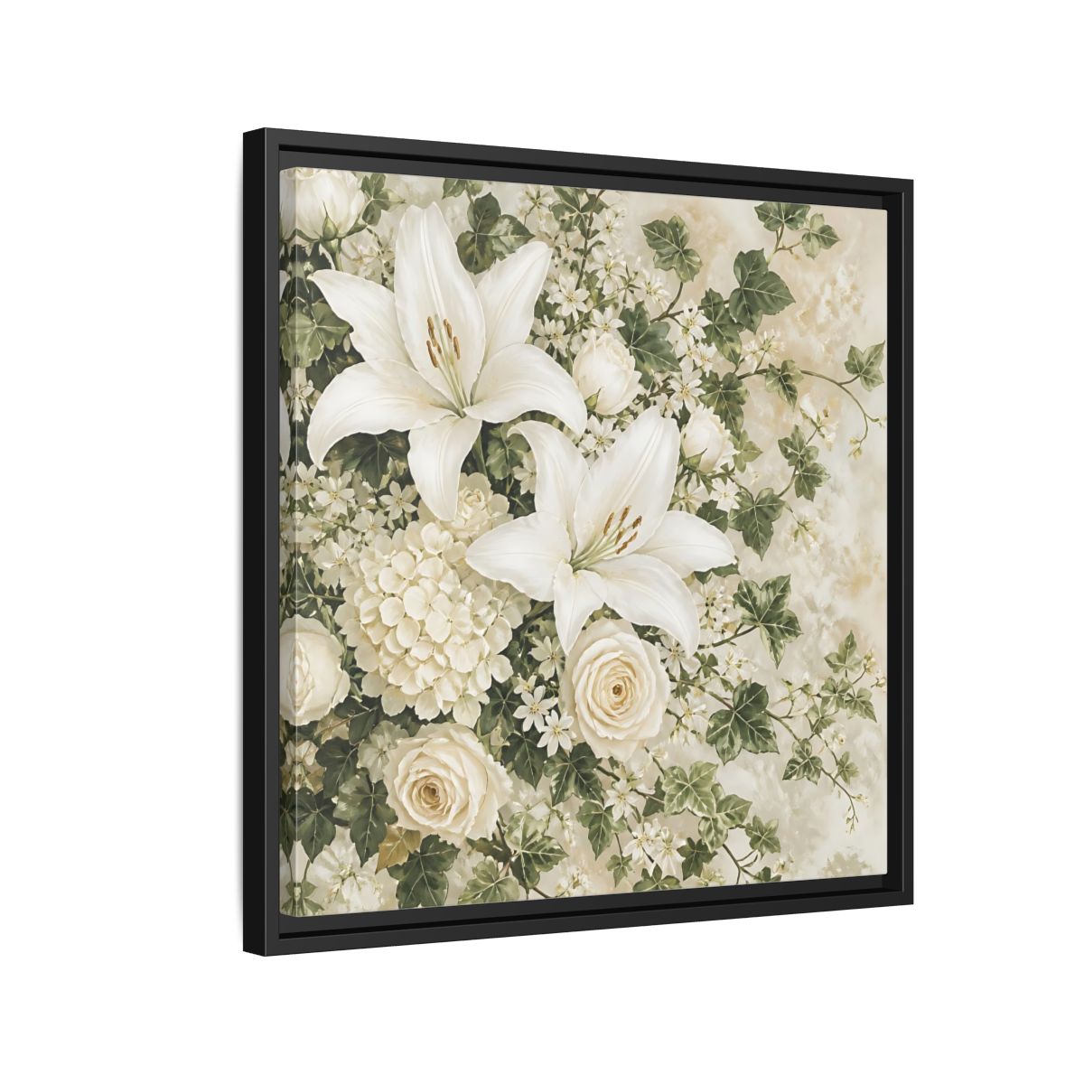 Side Mockup 12. Floral White Lilies White And Green Floral shown as stretched canvas wall art