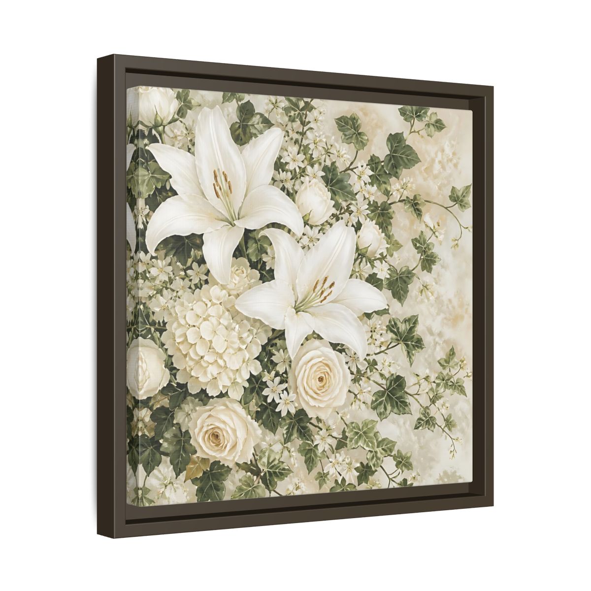 Side Mockup 29. Floral White Lilies White And Green Floral shown as stretched canvas wall art