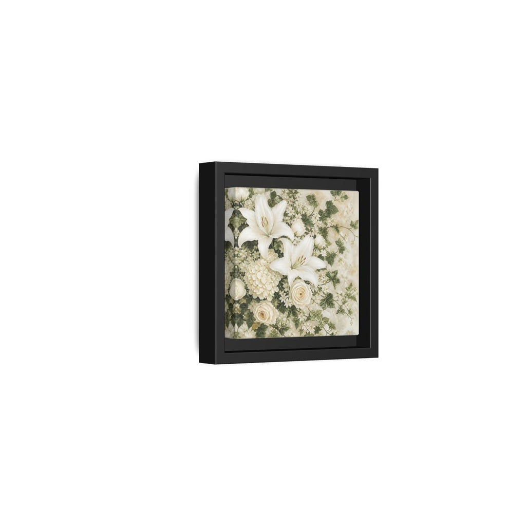Side Mockup 24. Floral White Lilies White And Green Floral shown as stretched canvas wall art