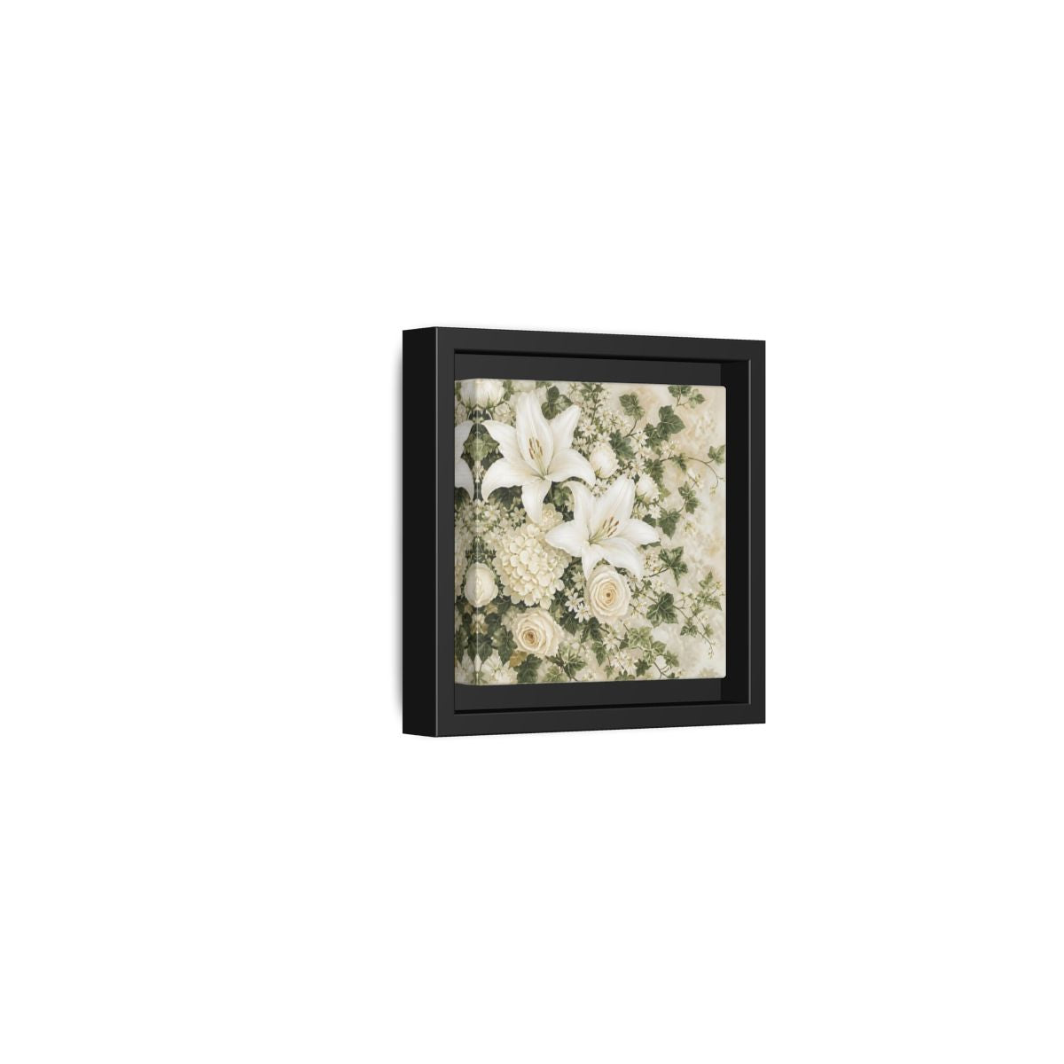 Side Mockup 24. Floral White Lilies White And Green Floral shown as stretched canvas wall art