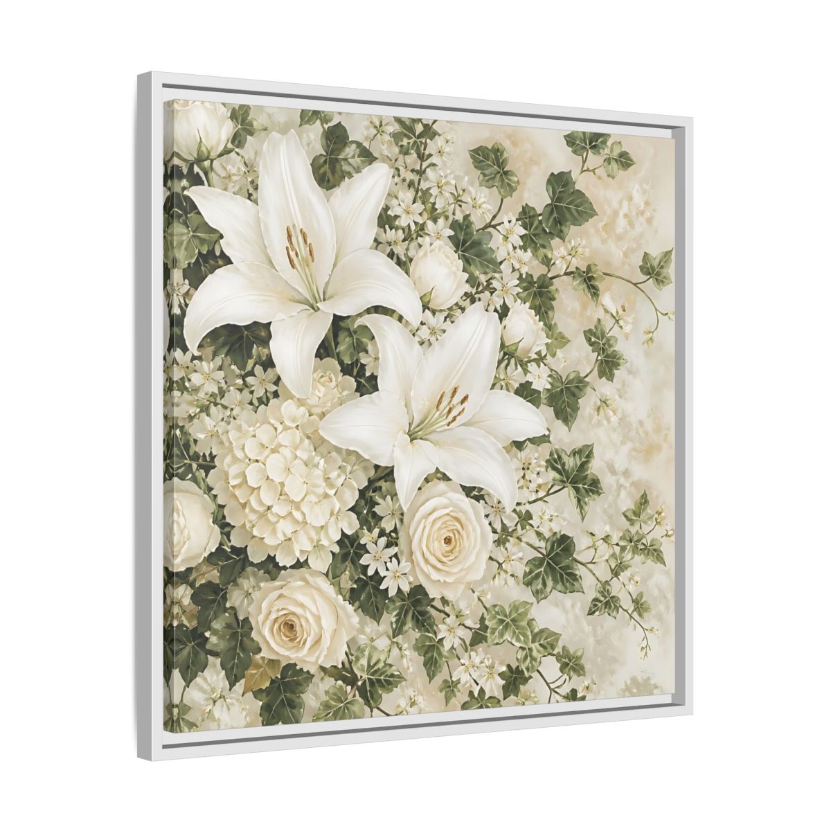 Side Mockup 26. Floral White Lilies White And Green Floral shown as stretched canvas wall art