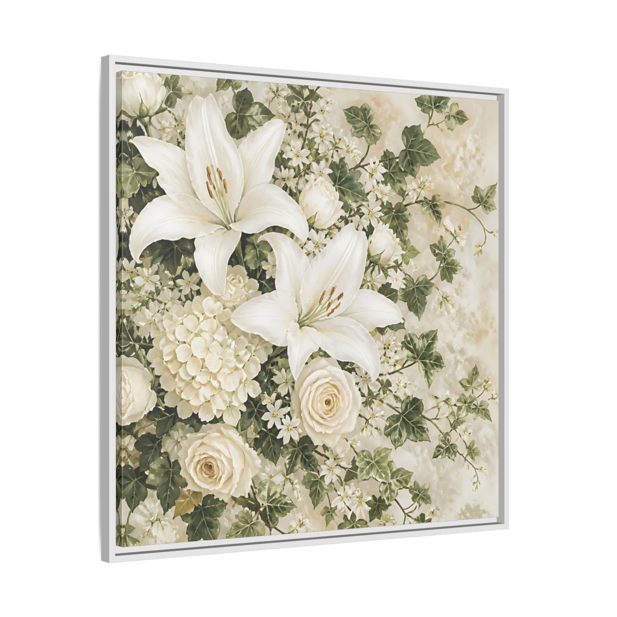 Side Mockup 25. Floral White Lilies White And Green Floral shown as stretched canvas wall art