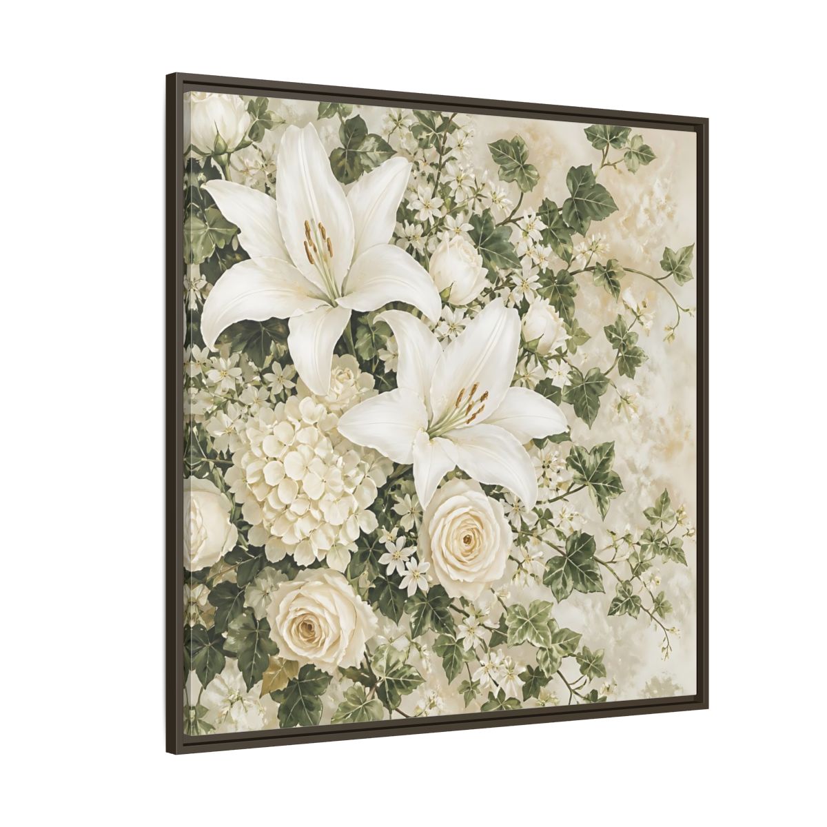 Side Mockup 5. Floral White Lilies White And Green Floral shown as stretched canvas wall art