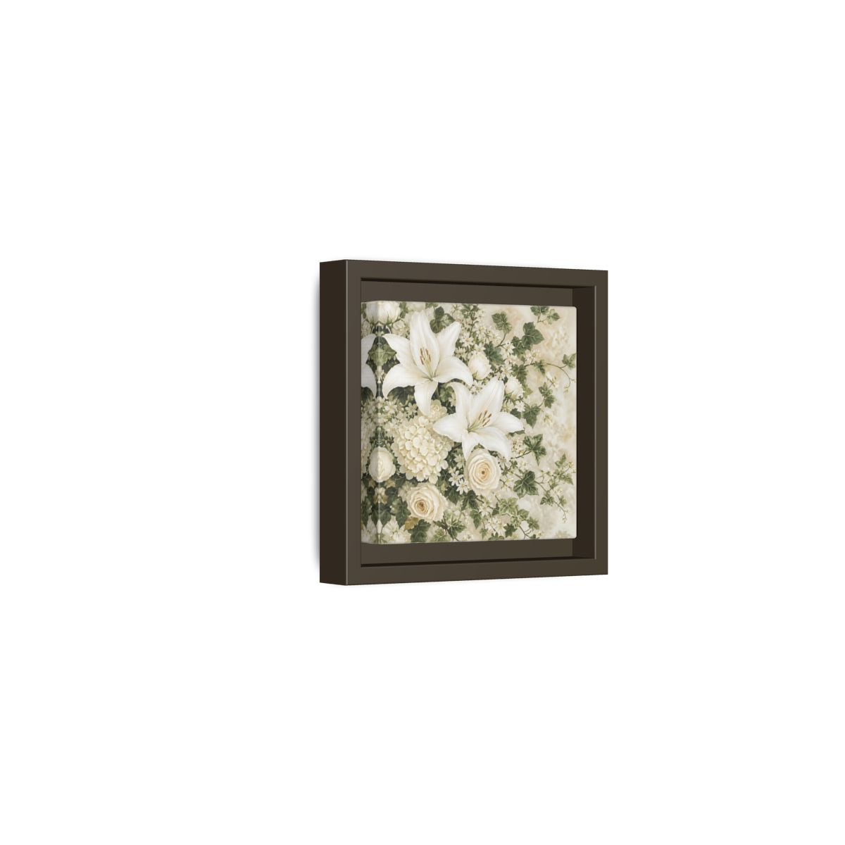 Side Mockup 23. Floral White Lilies White And Green Floral shown as stretched canvas wall art