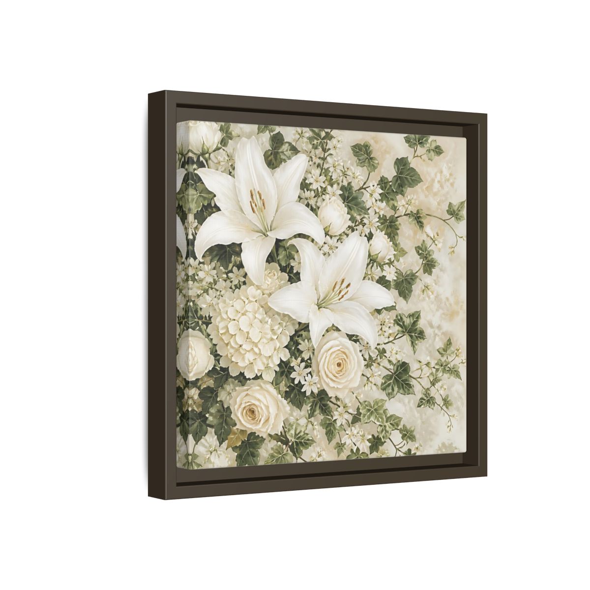Side Mockup 17. Floral White Lilies White And Green Floral shown as stretched canvas wall art