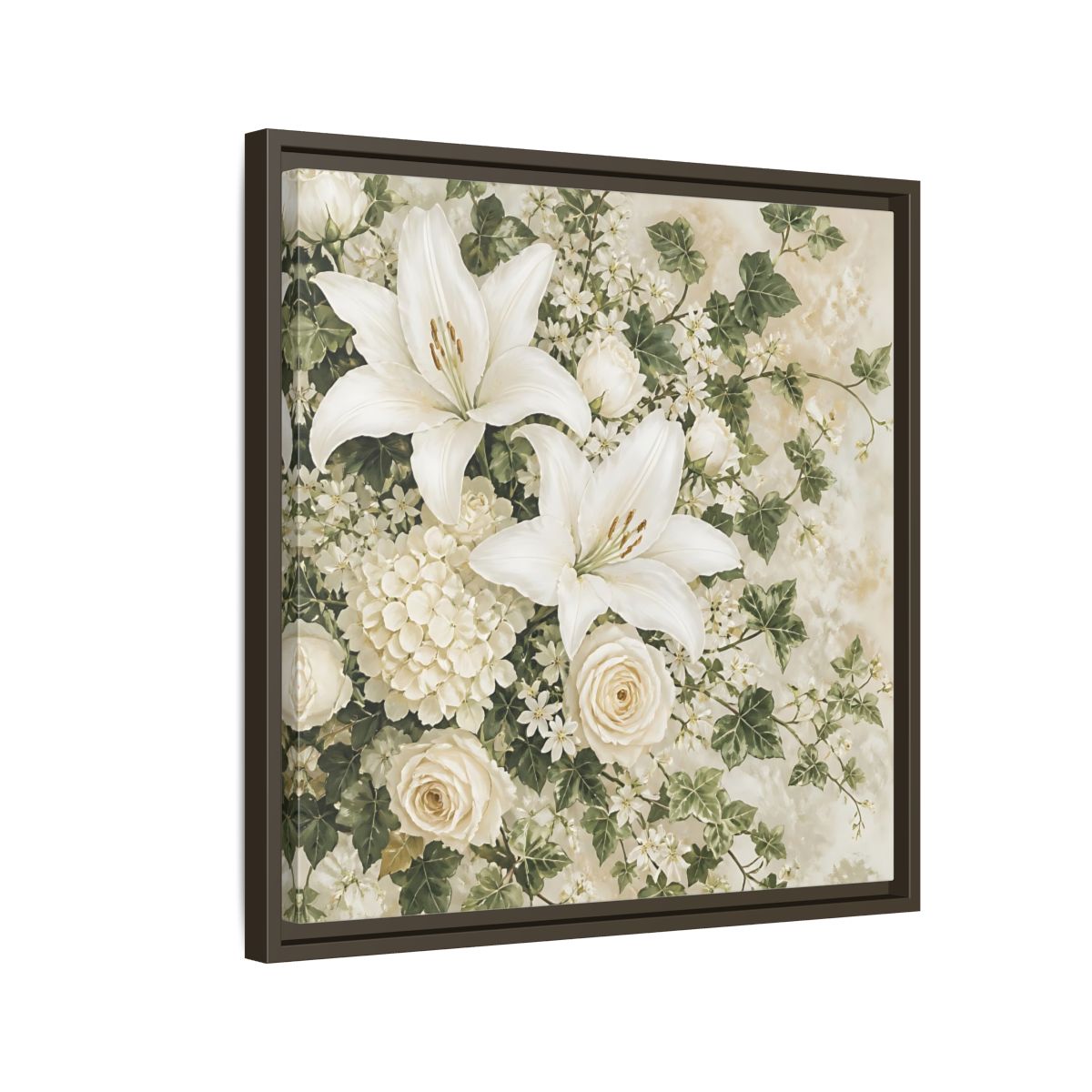 Side Mockup 11. Floral White Lilies White And Green Floral shown as stretched canvas wall art