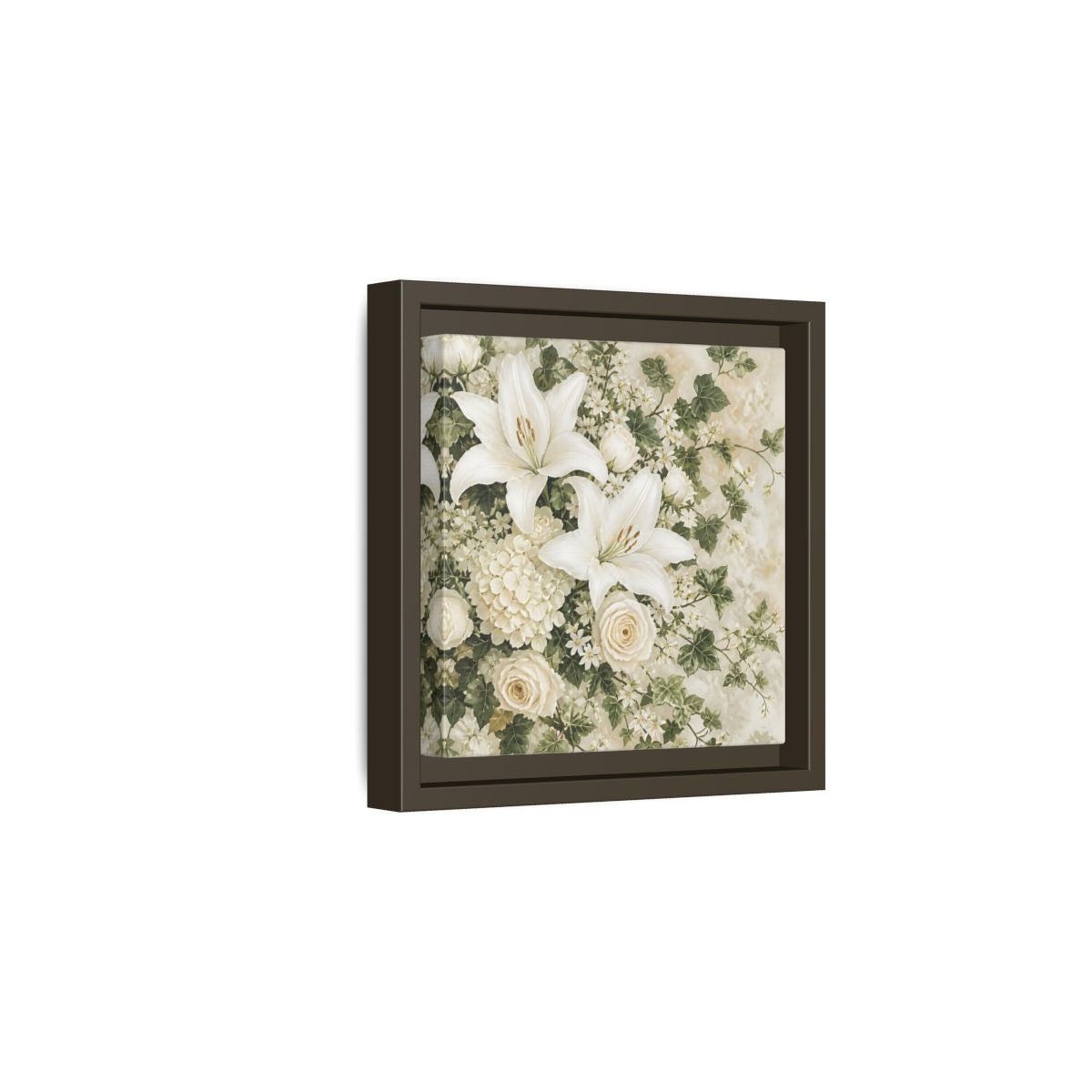 Side Mockup 2. Floral White Lilies White And Green Floral shown as stretched canvas wall art