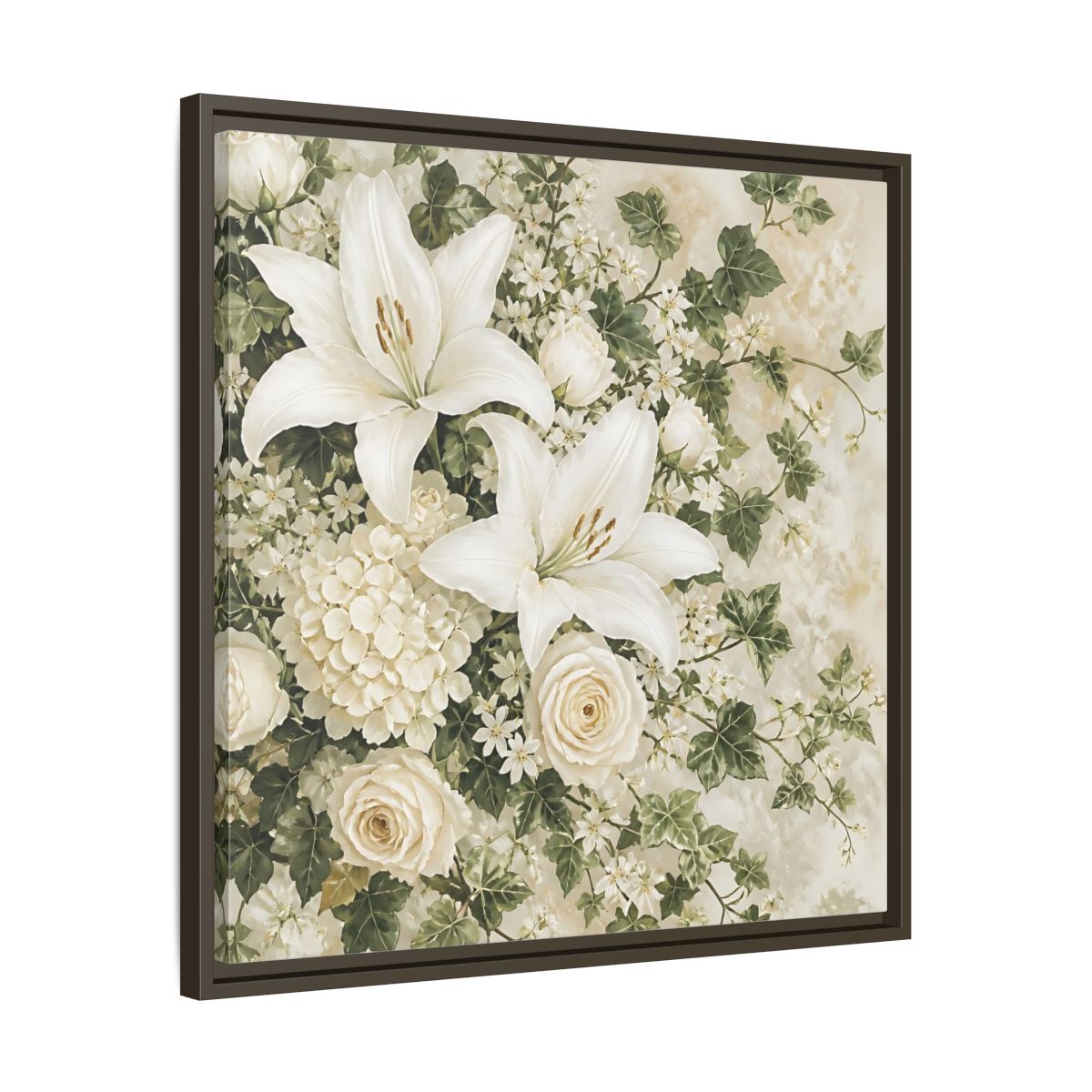 Side Mockup 27. Floral White Lilies White And Green Floral shown as stretched canvas wall art