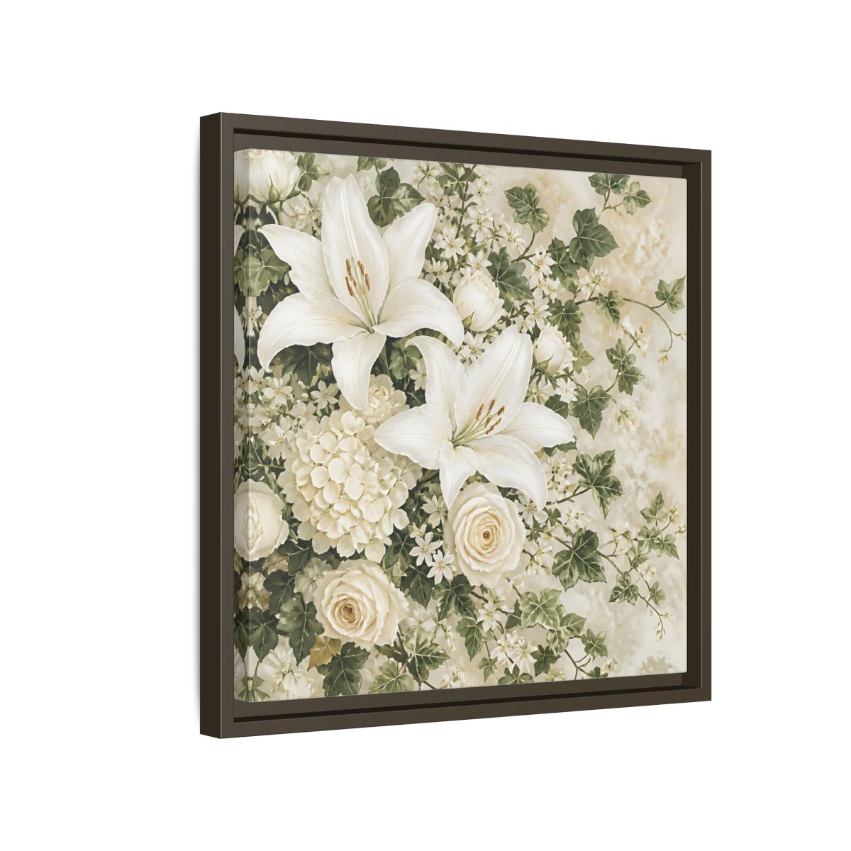 Side Mockup 14. Floral White Lilies White And Green Floral shown as stretched canvas wall art