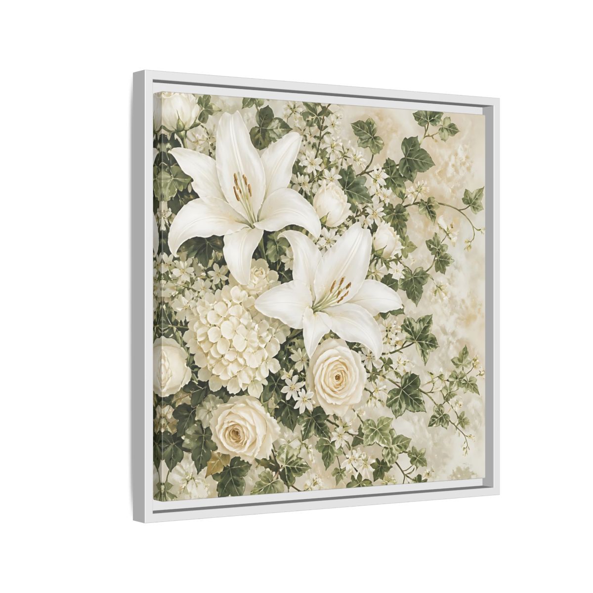 Side Mockup 10. Floral White Lilies White And Green Floral shown as stretched canvas wall art