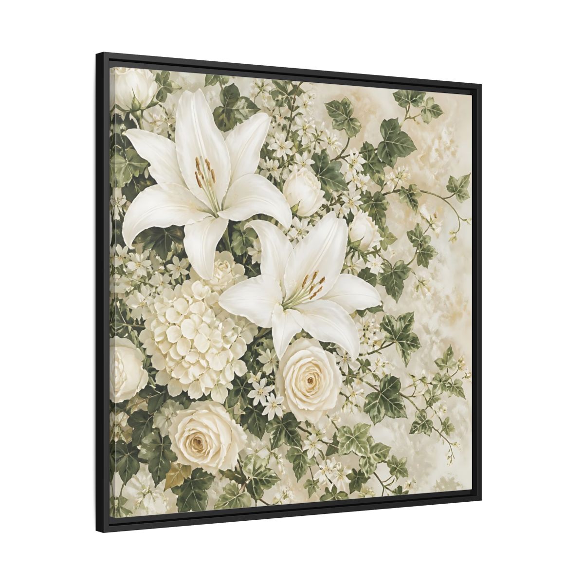Side Mockup 30. Floral White Lilies White And Green Floral shown as stretched canvas wall art
