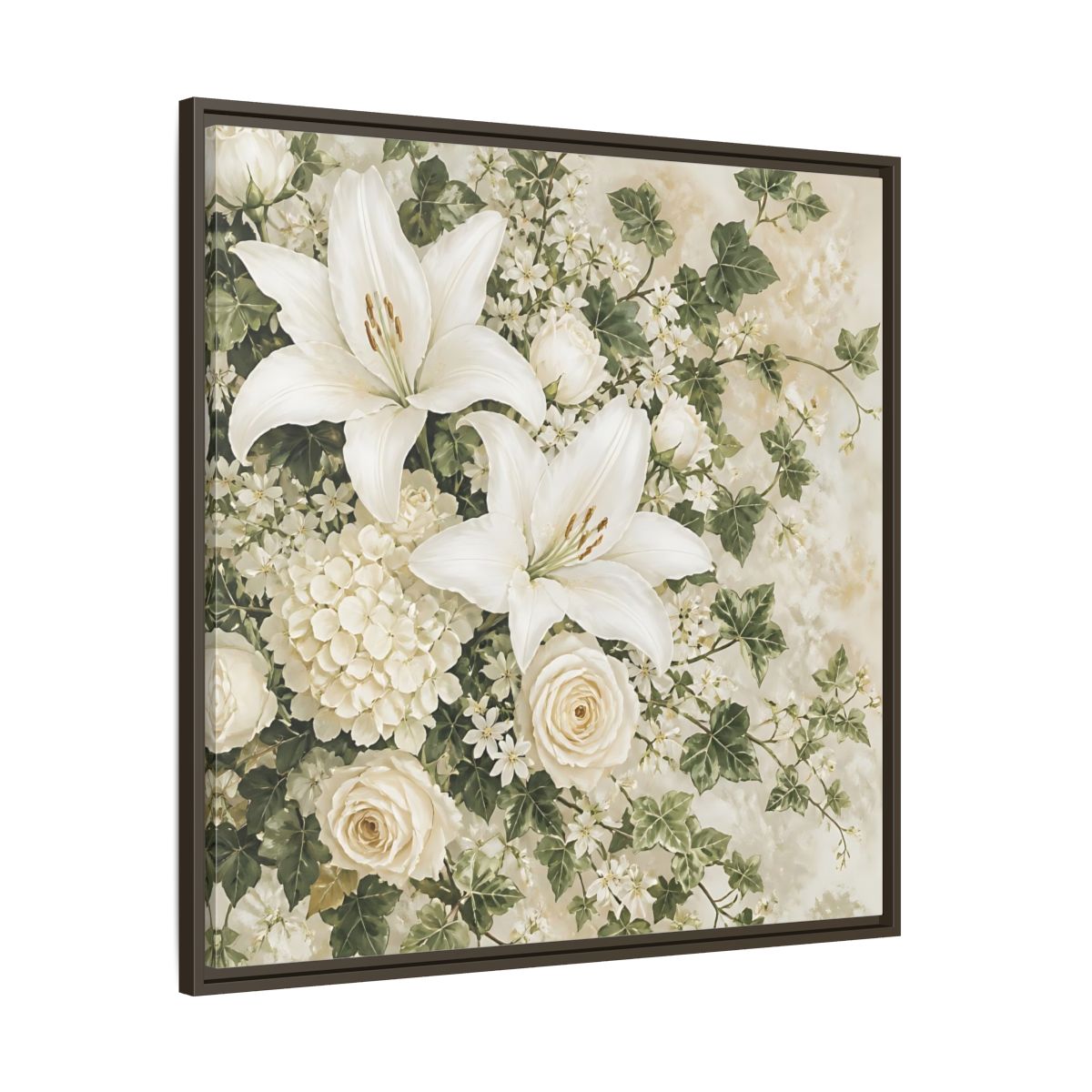 Main Mockup. Floral White Lilies White And Green Floral shown as stretched canvas wall art