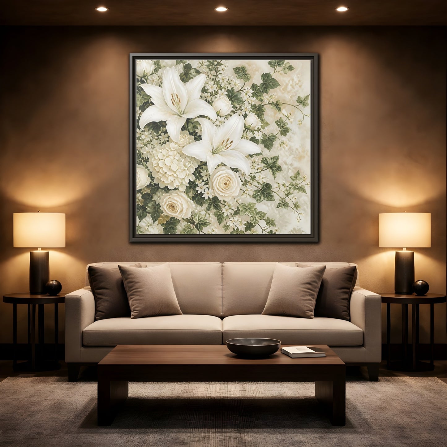 Mockup 2. Floral White Lilies White And Green Floral shown as stretched canvas wall art