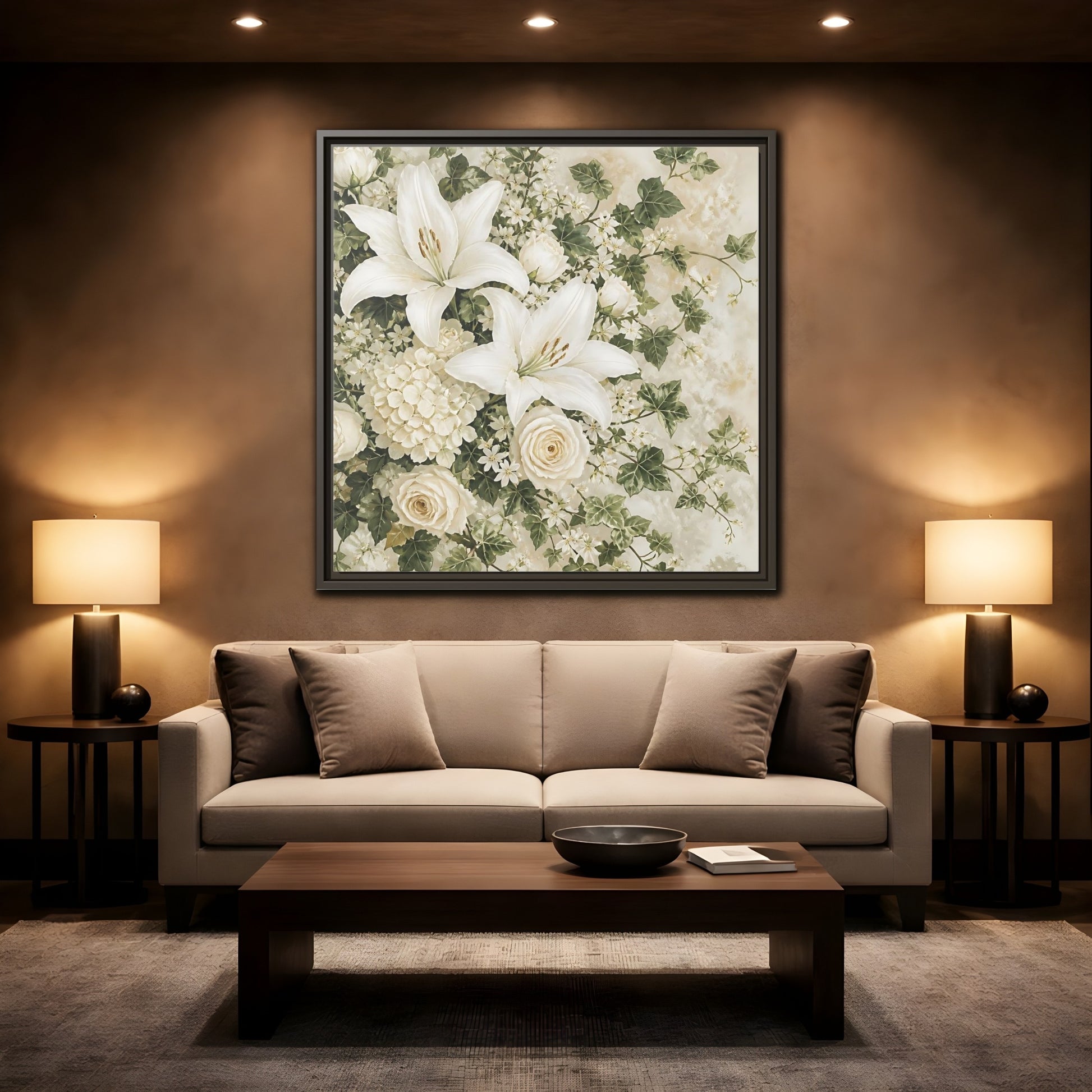 Mockup 2. Floral White Lilies White And Green Floral shown as stretched canvas wall art