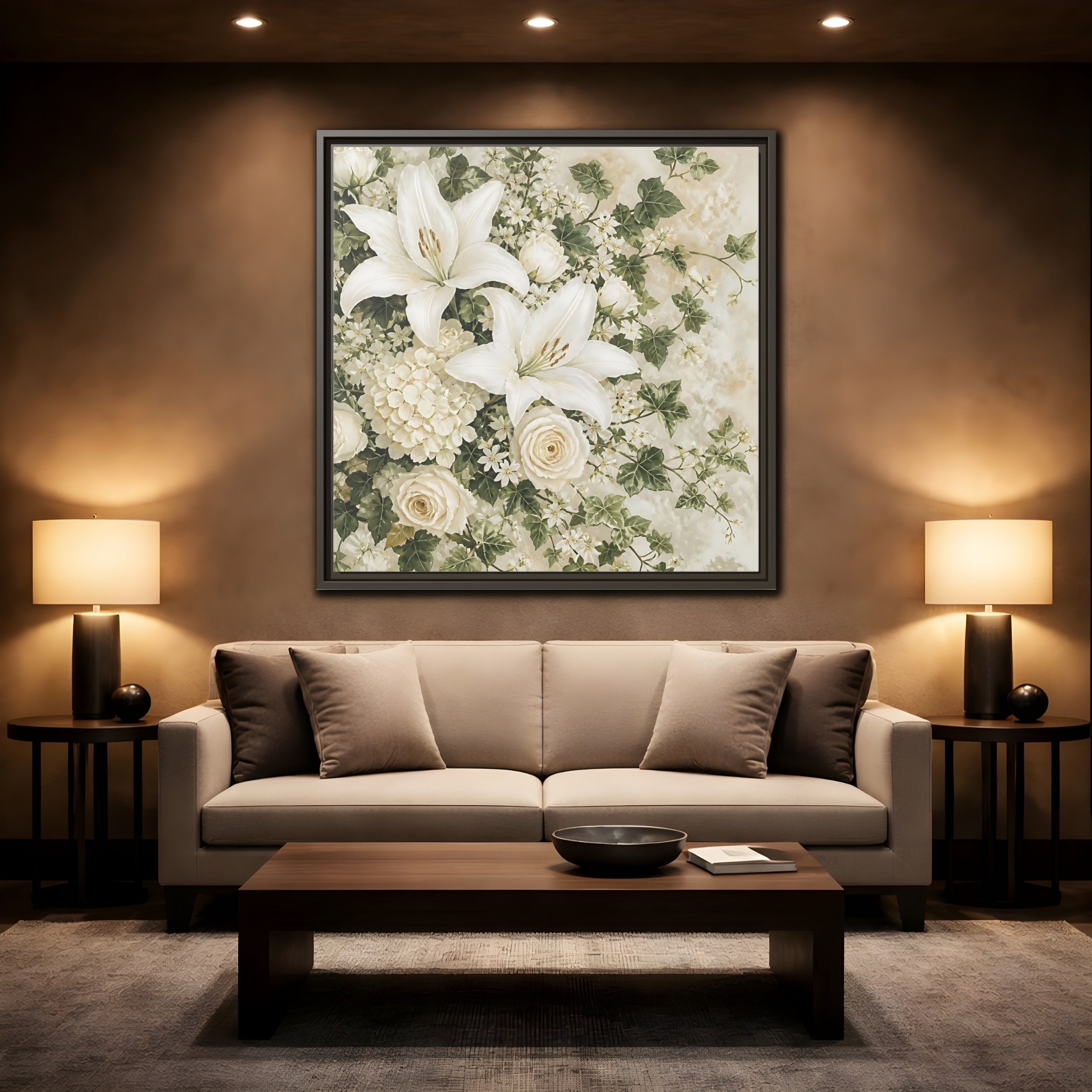 Mockup 2. Floral White Lilies White And Green Floral shown as stretched canvas wall art